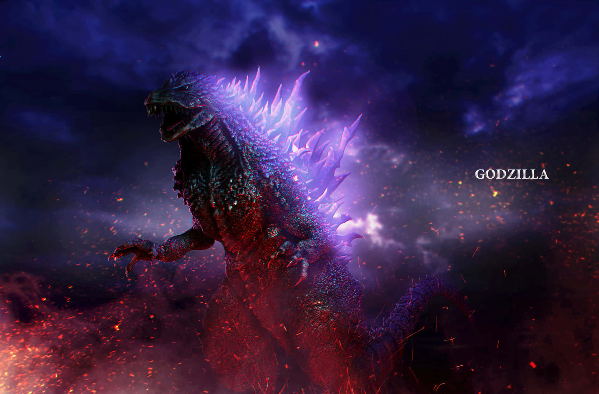 Godzilla 2000, glowing purple spines, dark stormy sky, Full HD Desktop Wallpaper
