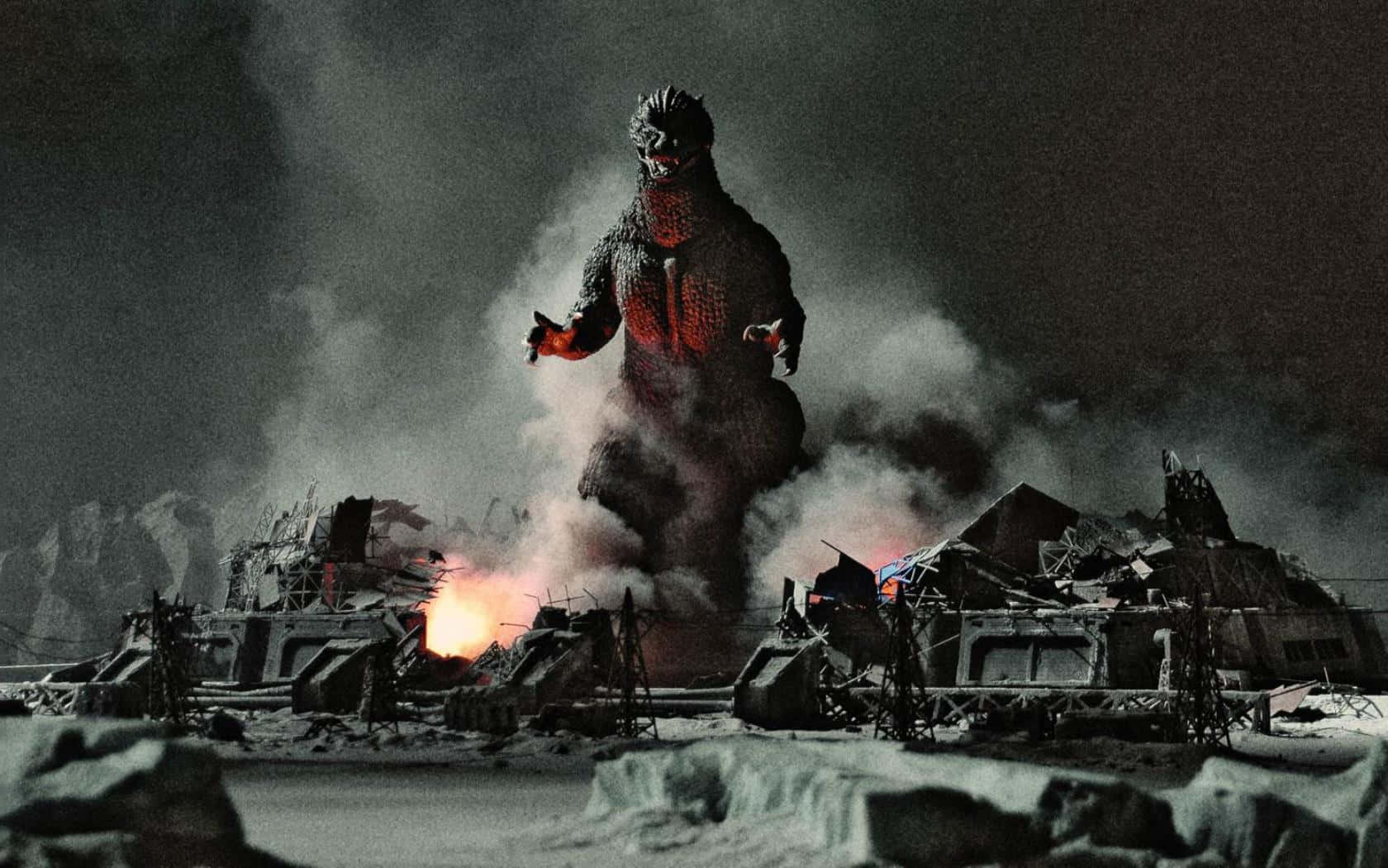 Godzilla 2000, glowing red eyes, snow-covered ruins, HD Desktop Wallpaper