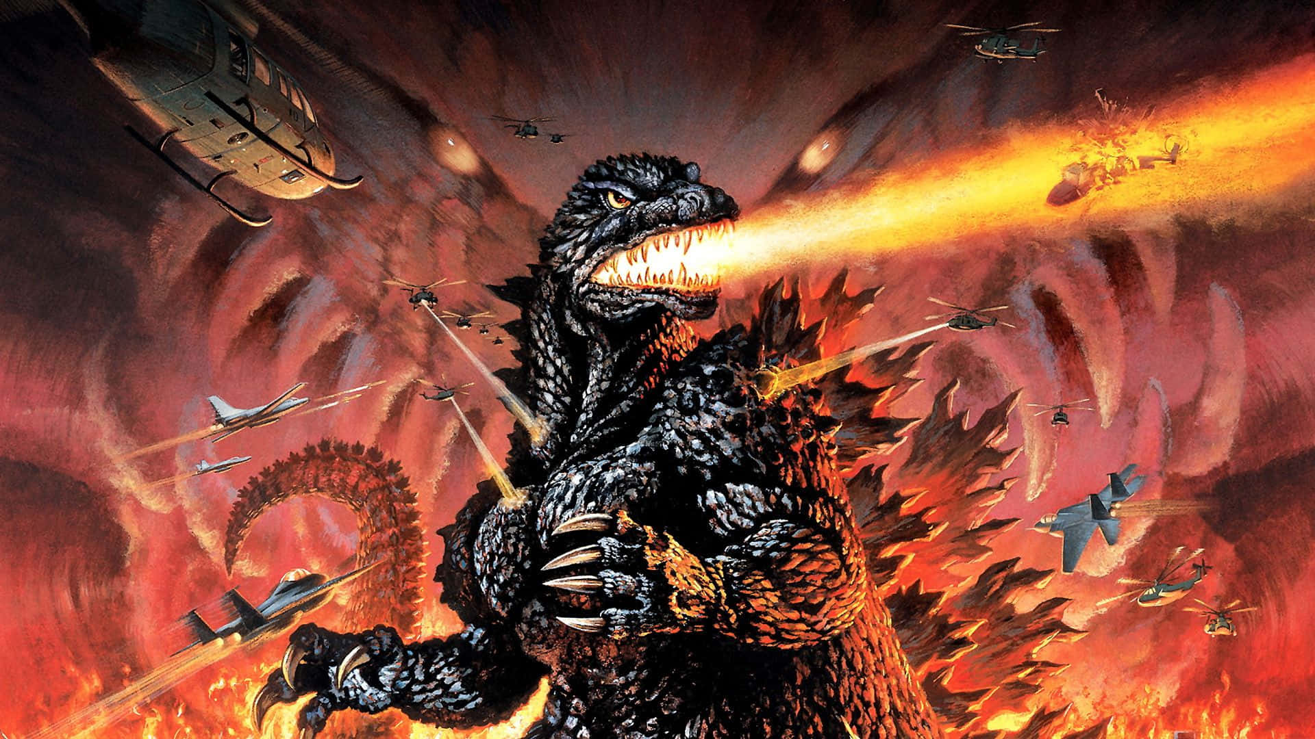 Godzilla 2000, roars, breathes fire, Full HD Desktop Wallpaper