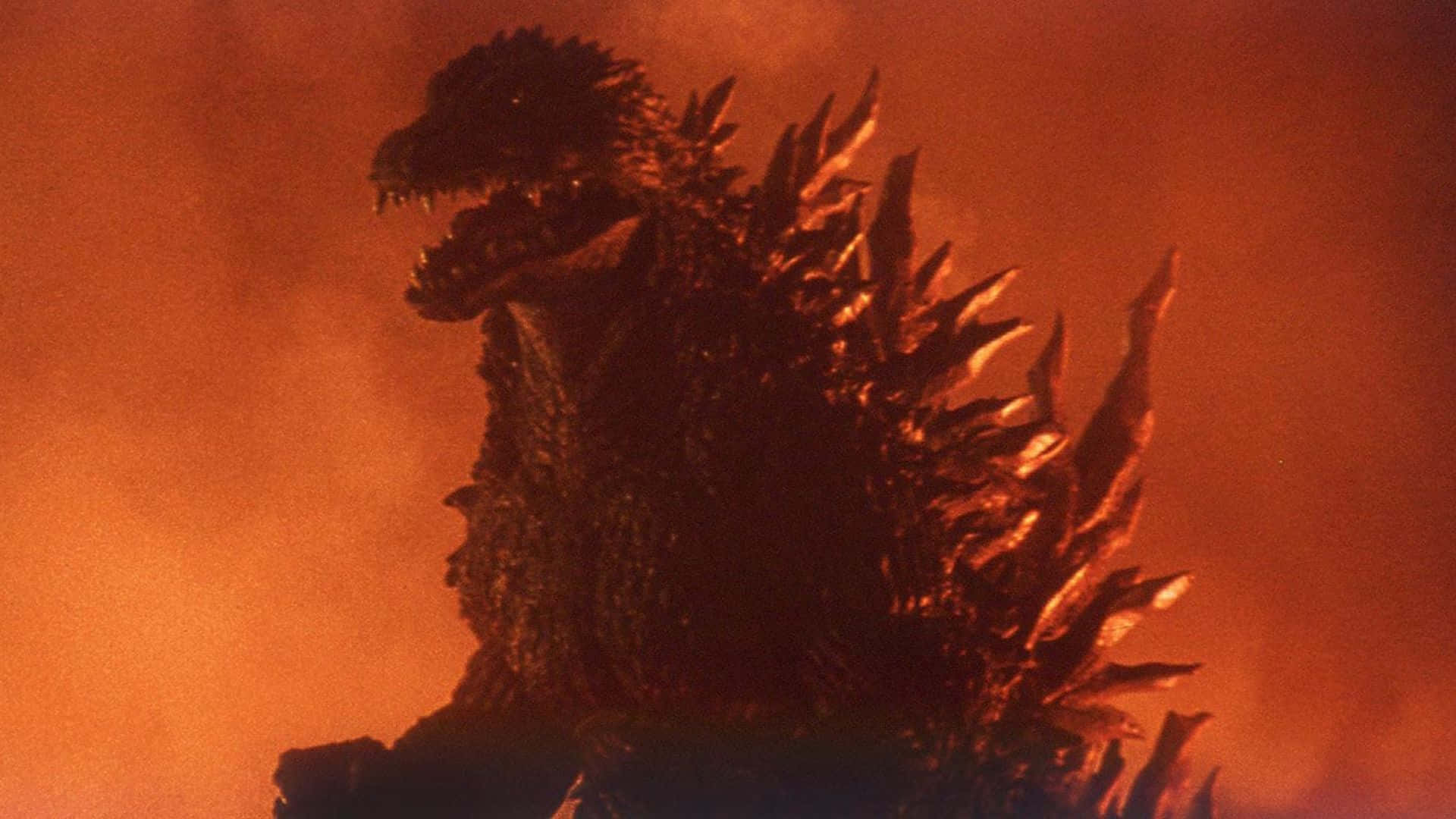 Godzilla 2000, fiery orange sky, glowing dorsal fins, Full HD Desktop Wallpaper