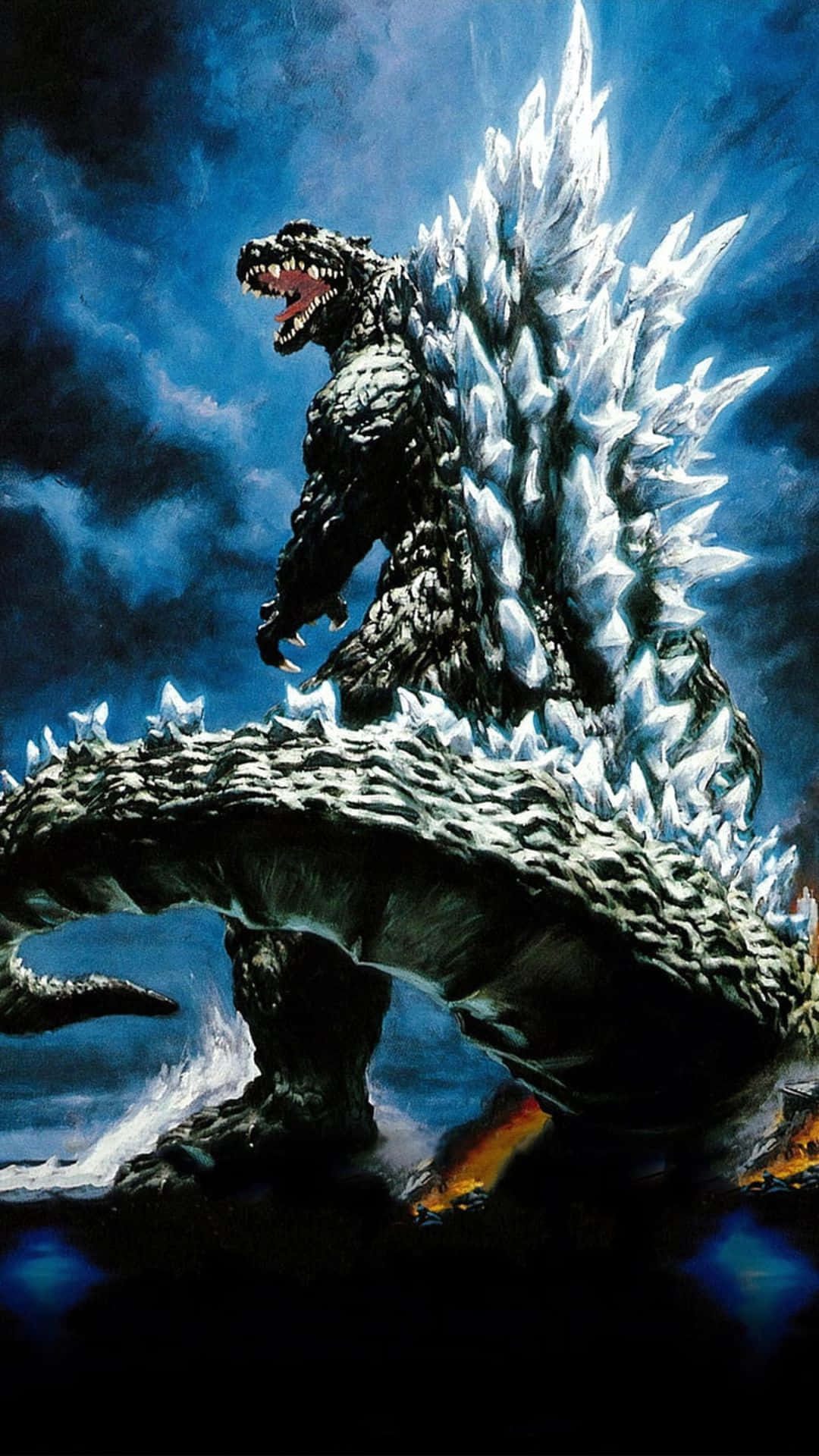Godzilla 2000, jagged ice spines, stormy blue sky, Full HD Phone Wallpaper