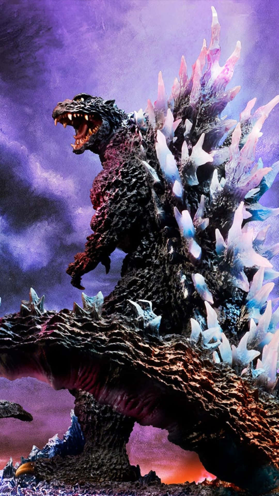 Godzilla 2000, crystalline spines, stormy purple sky, Full HD Phone Wallpaper