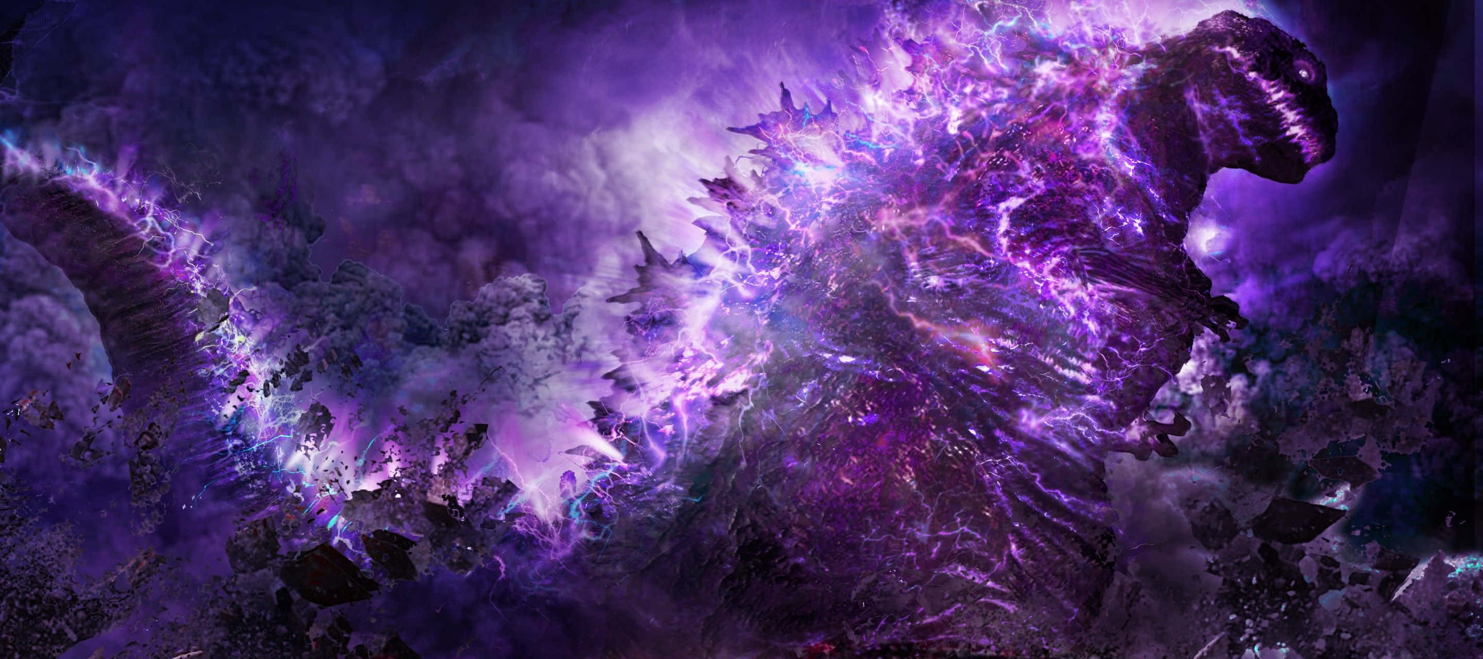 Godzilla, electric purple, cosmic clouds, 2K Desktop Wallpaper