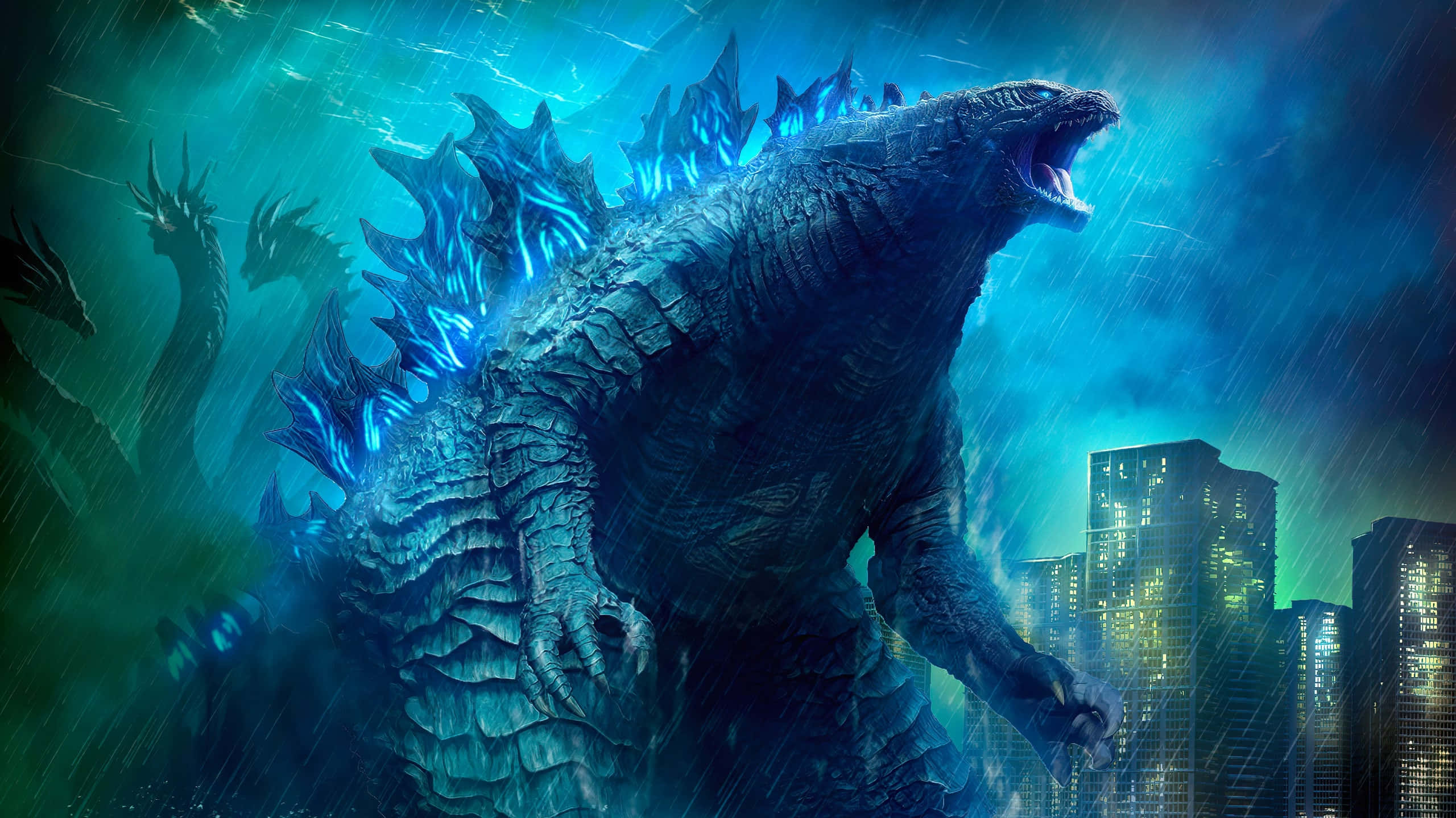 Godzilla, glowing blue dorsal fins, heavy rain, 2K Desktop Wallpaper