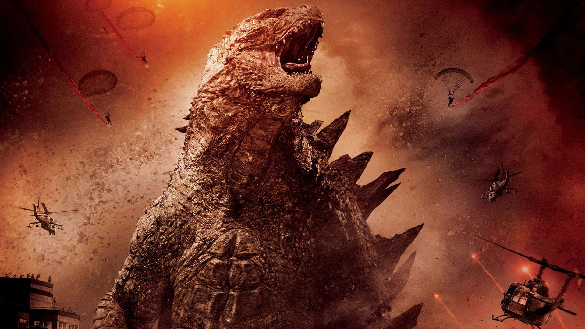 Godzilla, fiery sky, helicopters, Full HD Desktop Wallpaper
