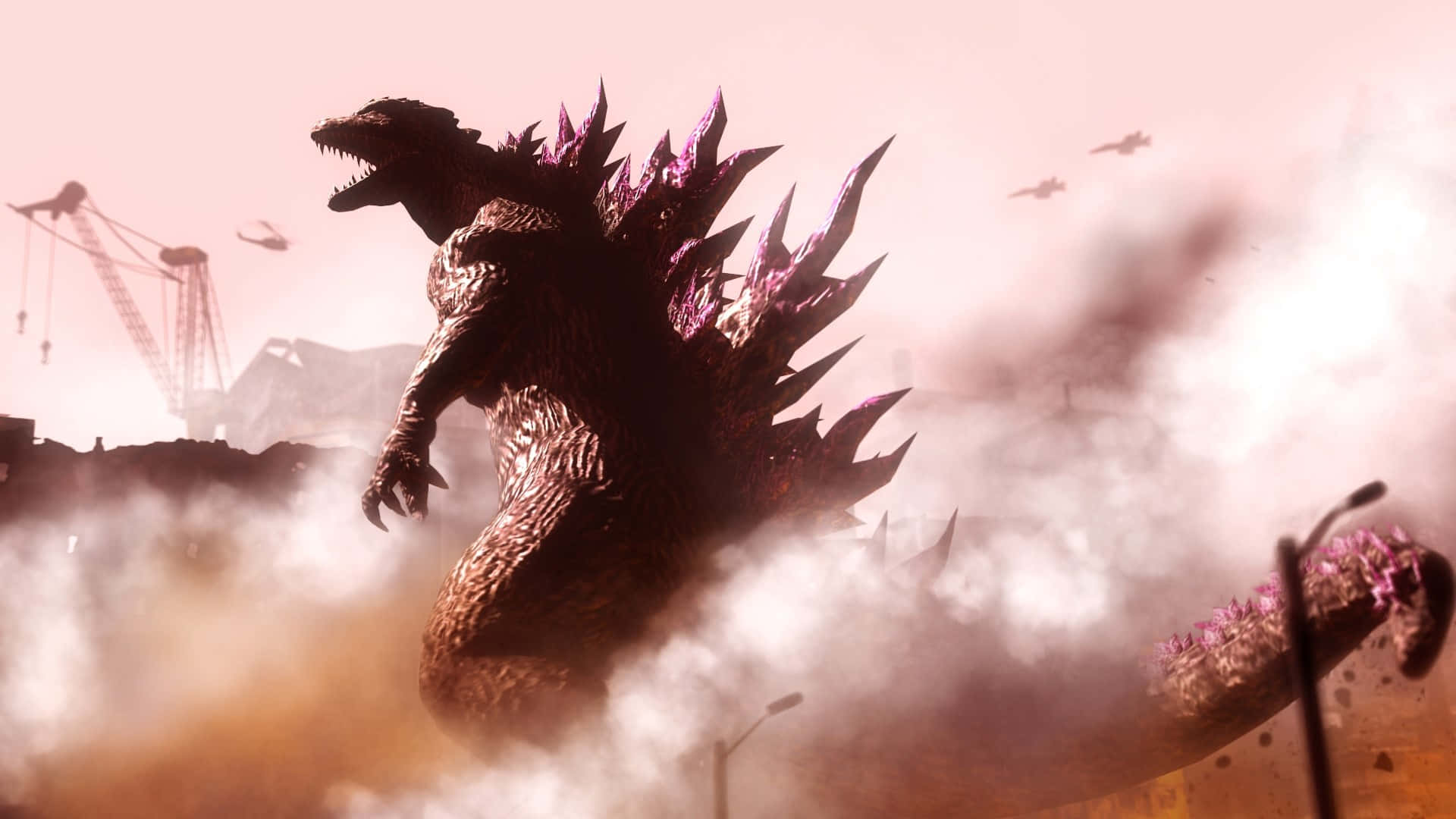 Godzilla 2000, glowing purple dorsal fins, ruined cityscape, Full HD Desktop Wallpaper