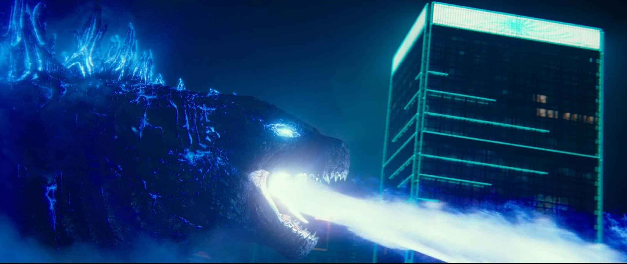 Godzilla, atomic breath, neon-lit skyscraper, Full HD Desktop Wallpaper