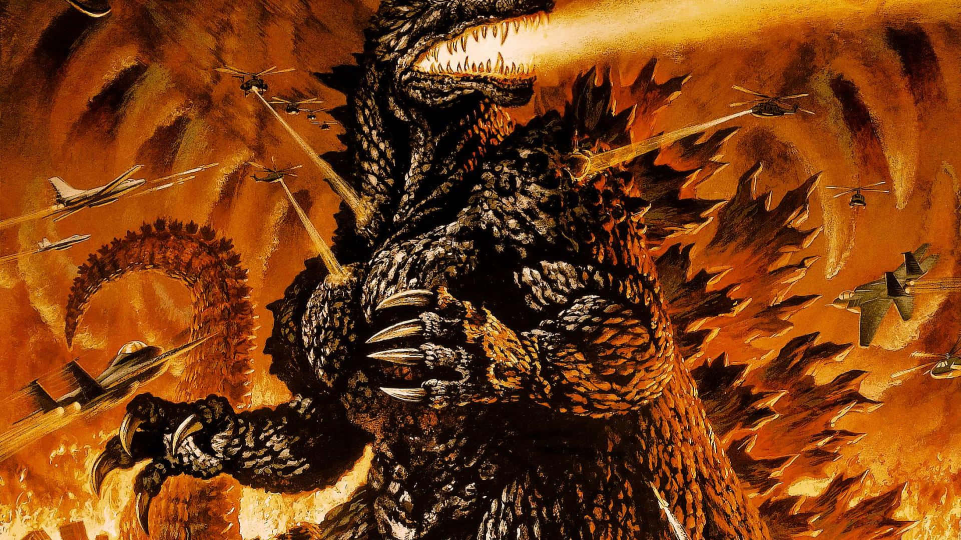 Godzilla 2014, fiery orange skies, fighter jets, Full HD Desktop Wallpaper