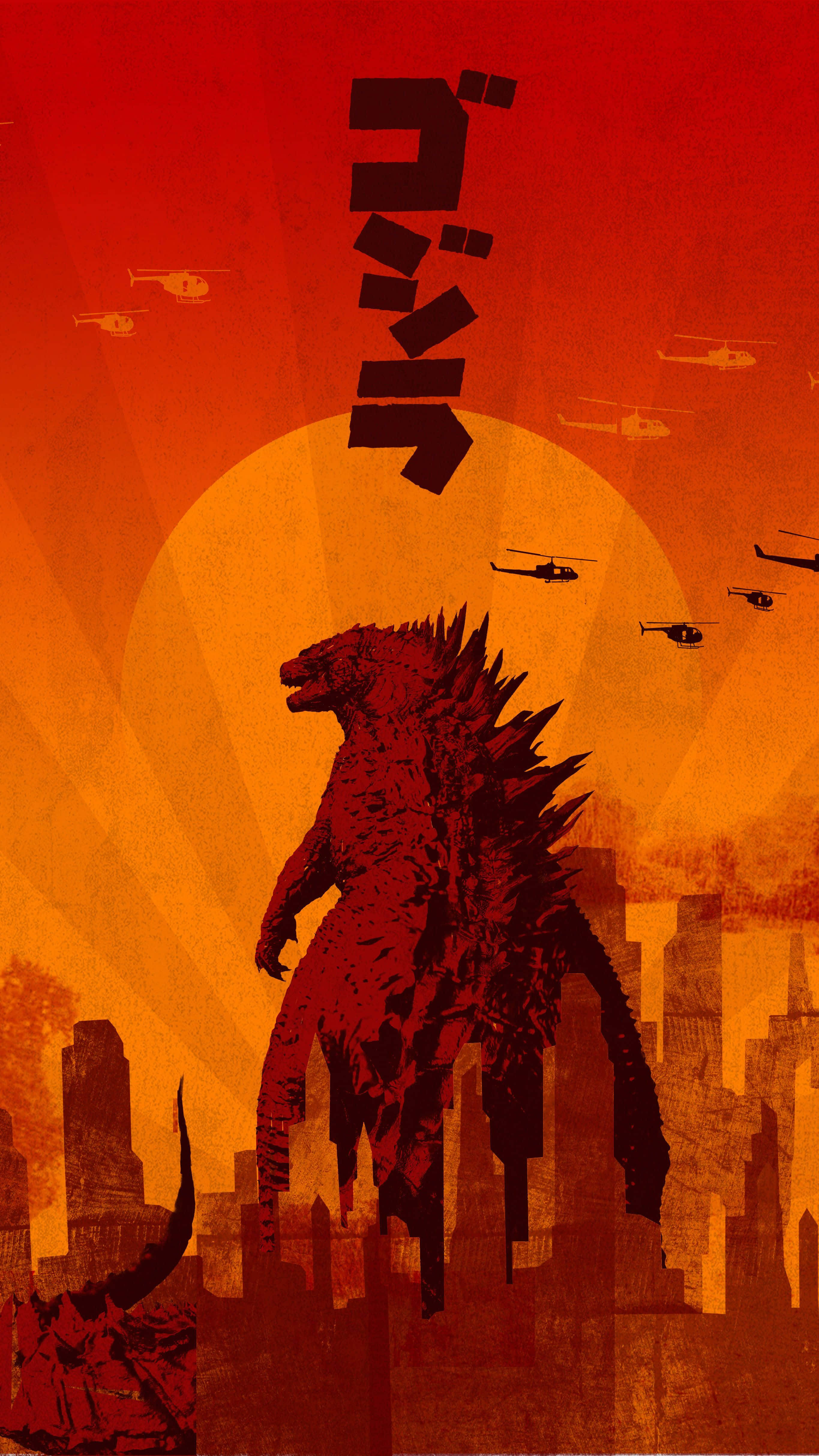Godzilla 2014, tall Godzilla silhouette, ruined cityscape, 4K Phone Wallpaper