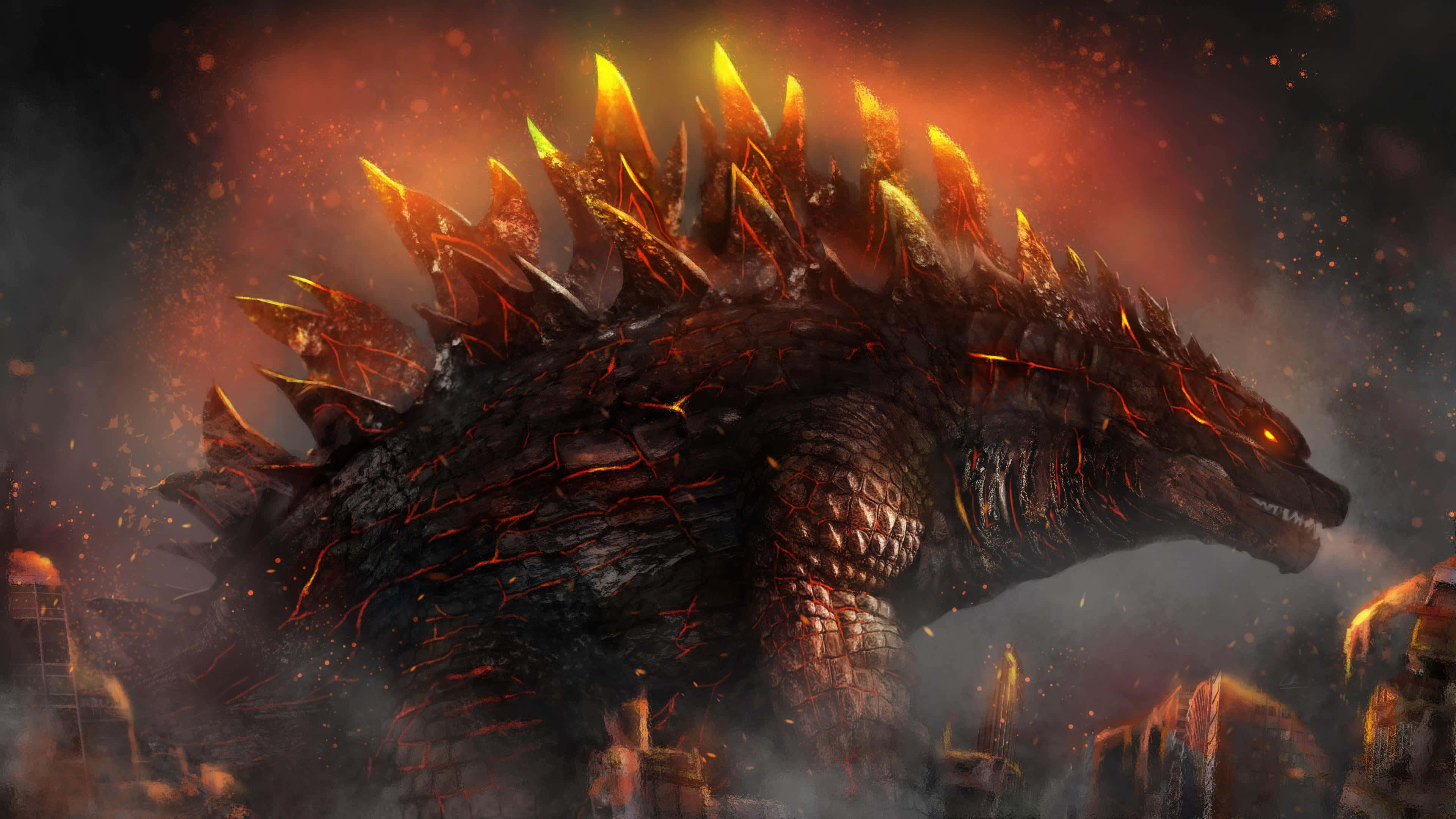 Godzilla 2014, fiery Godzilla, glowing dorsal plates, 4K Desktop Wallpaper