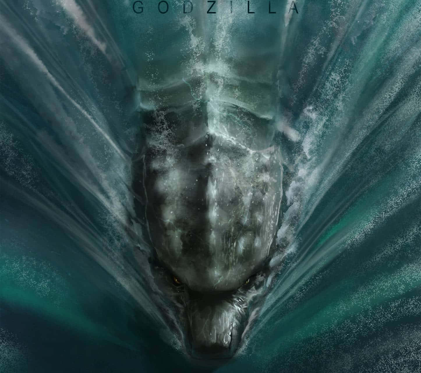 Godzilla 2014, teal water, glowing eyes, HD Desktop Wallpaper