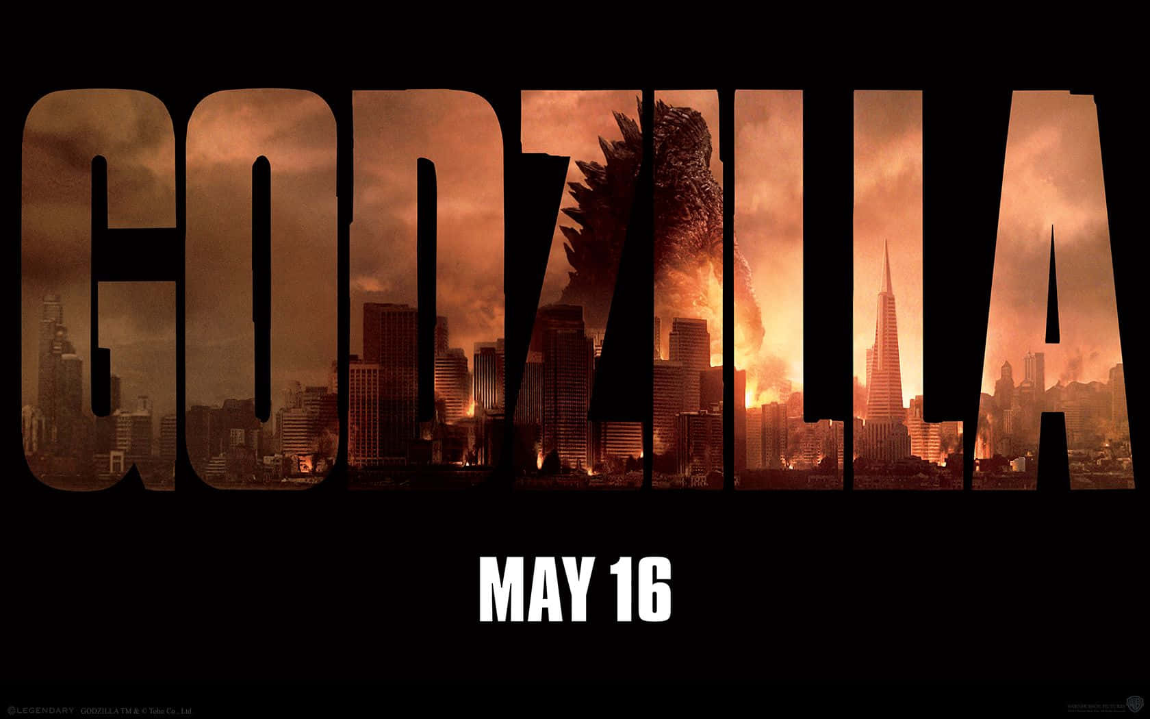 Godzilla 2014, silhouette, burning cityscape, HD Desktop Wallpaper