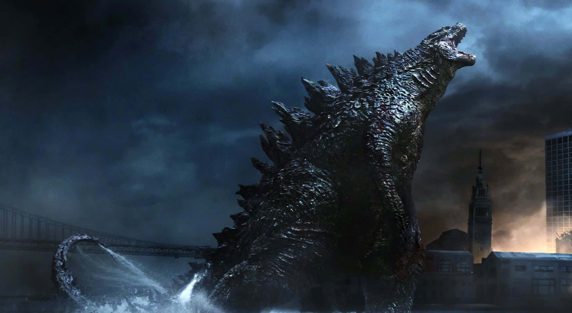 Godzilla 2014, city destruction, stormy cityscape, HD Desktop Wallpaper