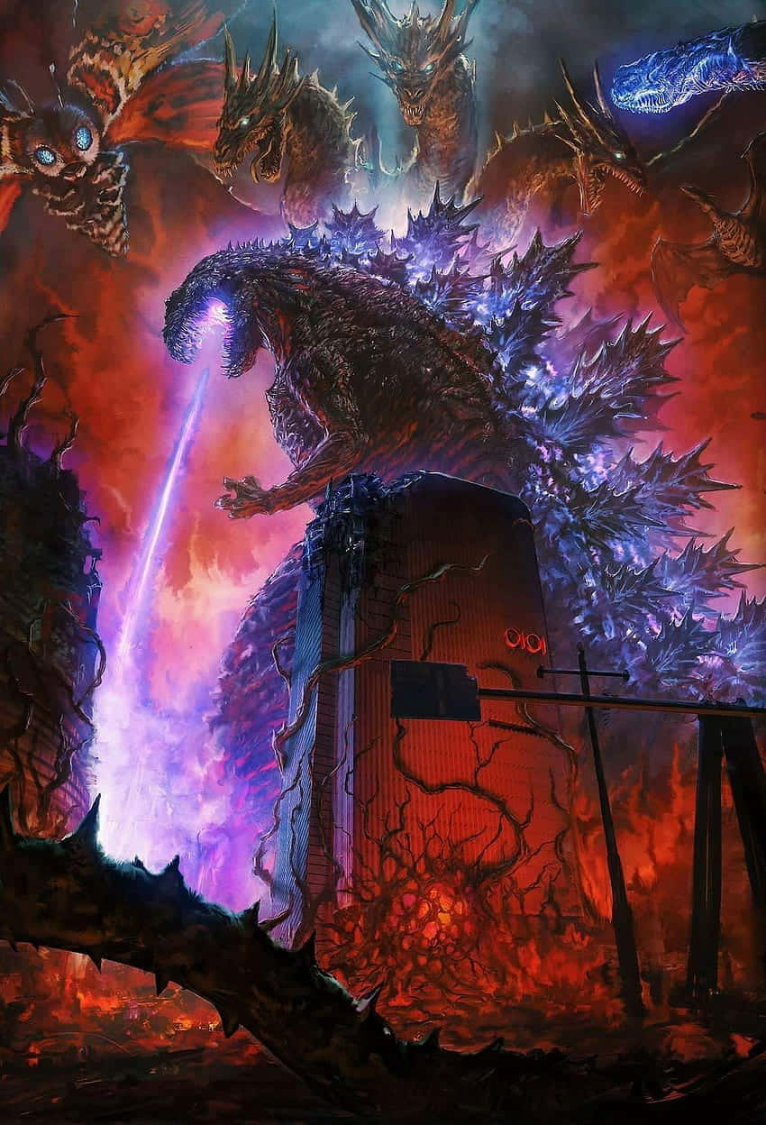 Godzilla, glowing purple dorsal fins, atomic breath, SD Phone Wallpaper