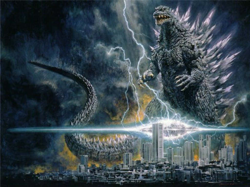 Godzilla, cityscape, stormy skies, SD Desktop Wallpaper