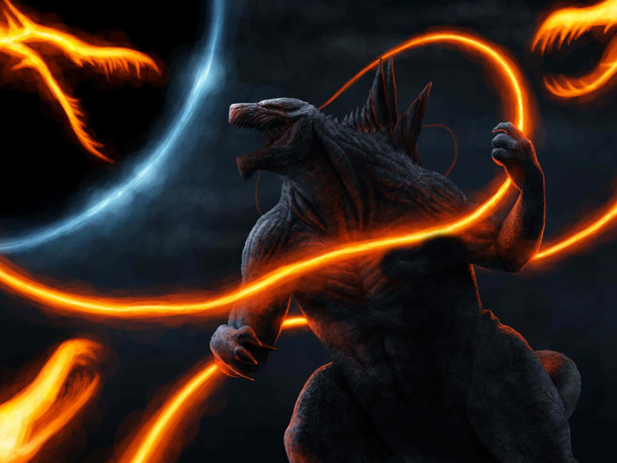 Godzilla, fiery orange energy beams, glowing blue crescent, Full HD Desktop Wallpaper