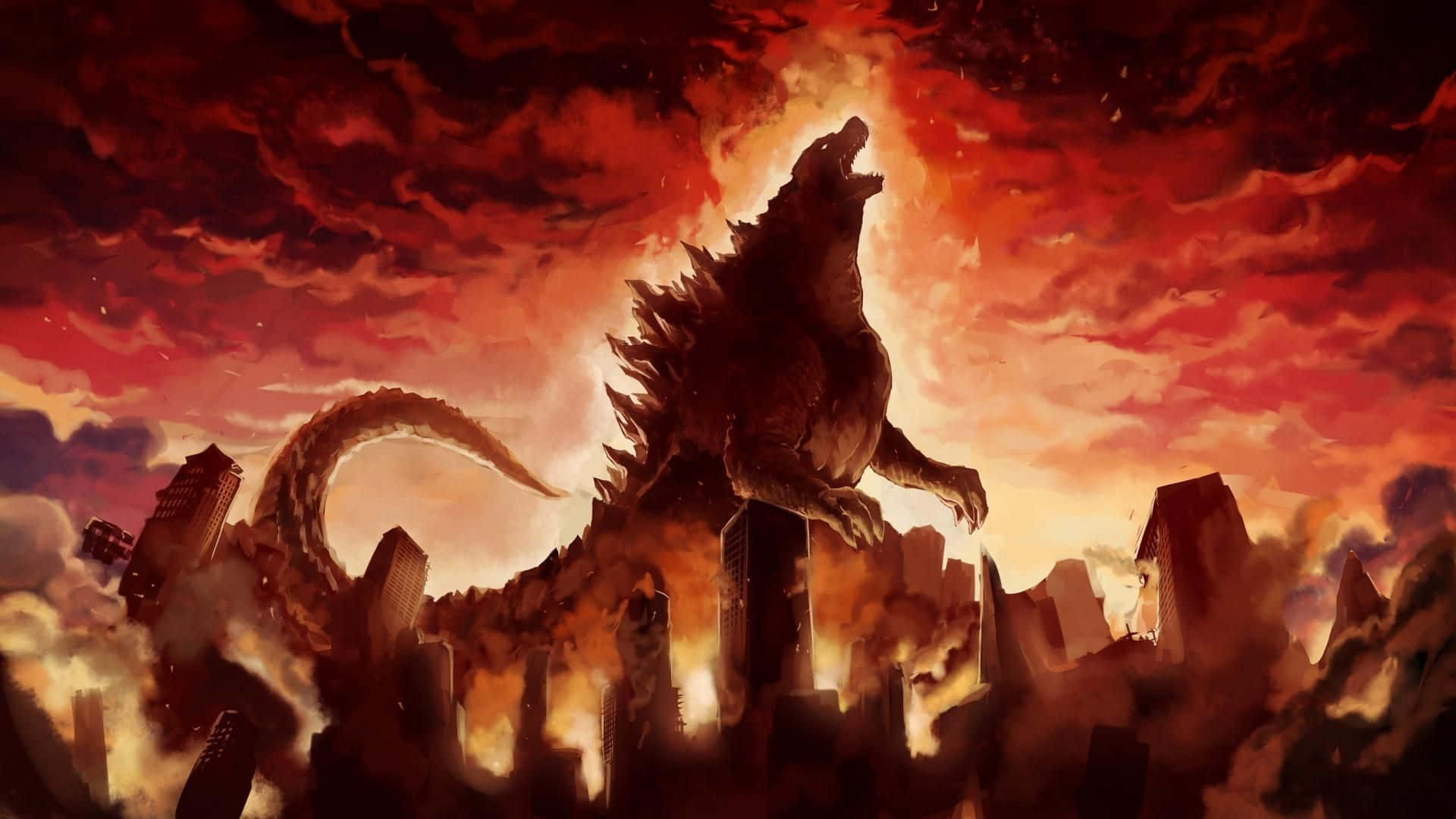 Godzilla, burning cityscape, fiery red and orange sky, Full HD Desktop Wallpaper