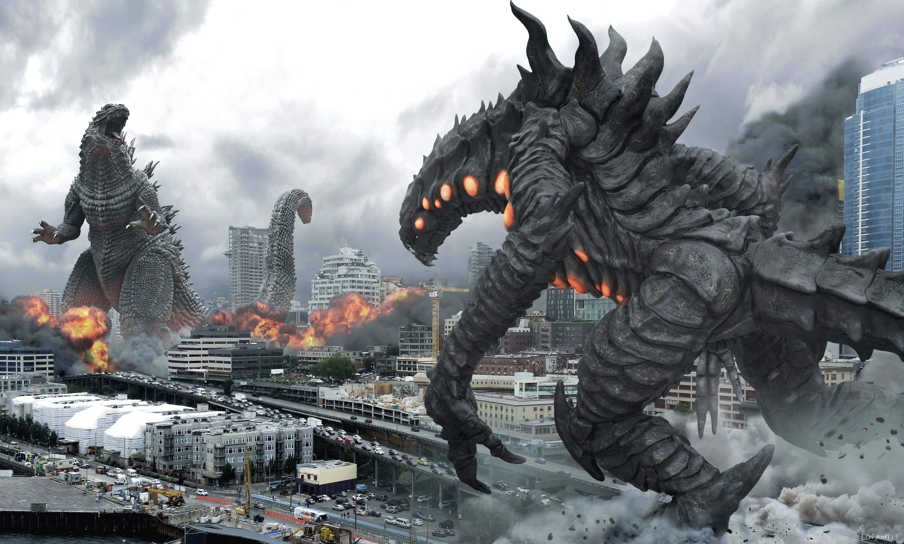Godzilla, kaiju monsters, burning cityscape, 4K Desktop Wallpaper