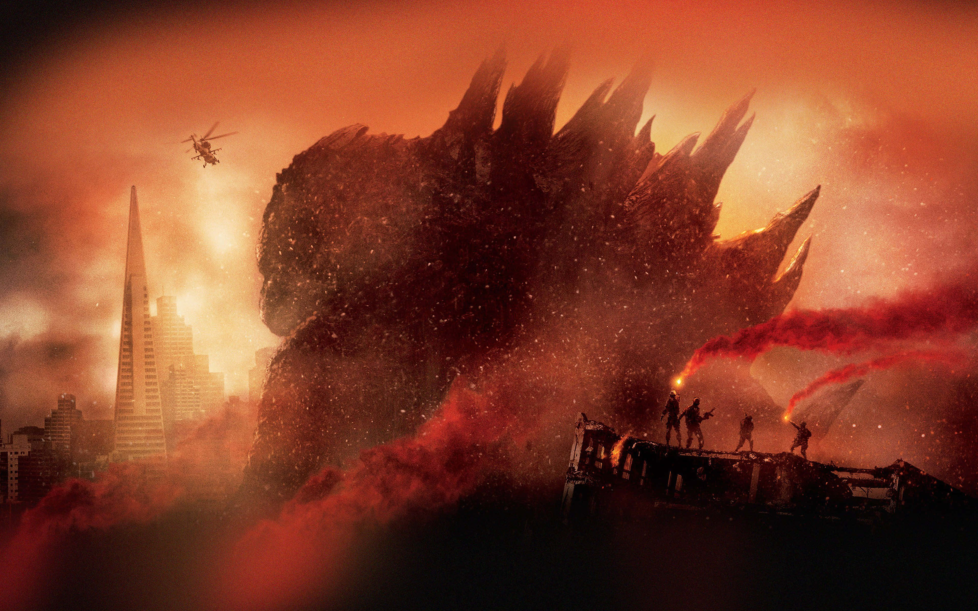 Godzilla, burning city, tiny humans, 4K Desktop Wallpaper