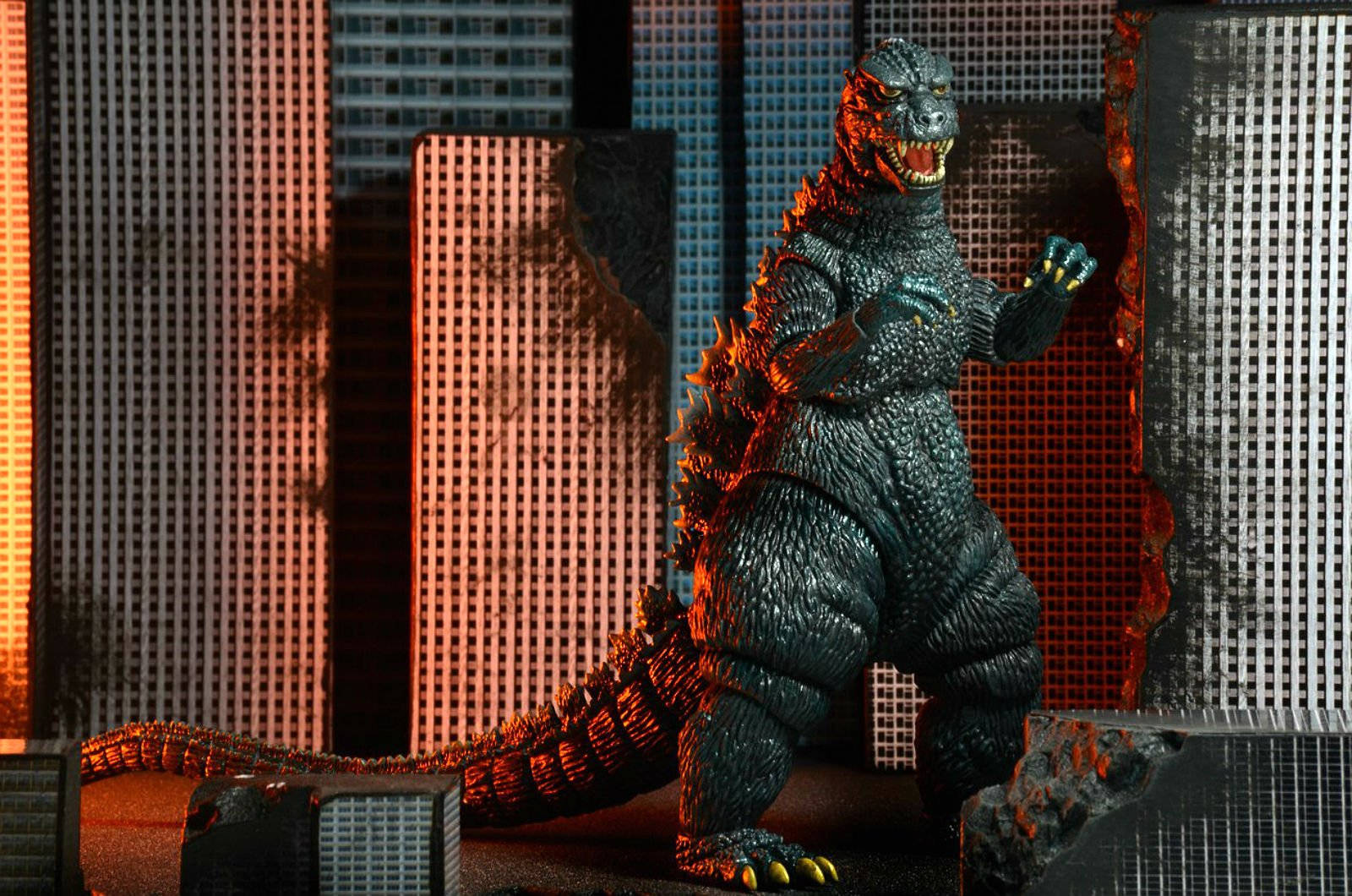 Godzilla 4K, figurine, skyscrapers, HD Desktop Wallpaper