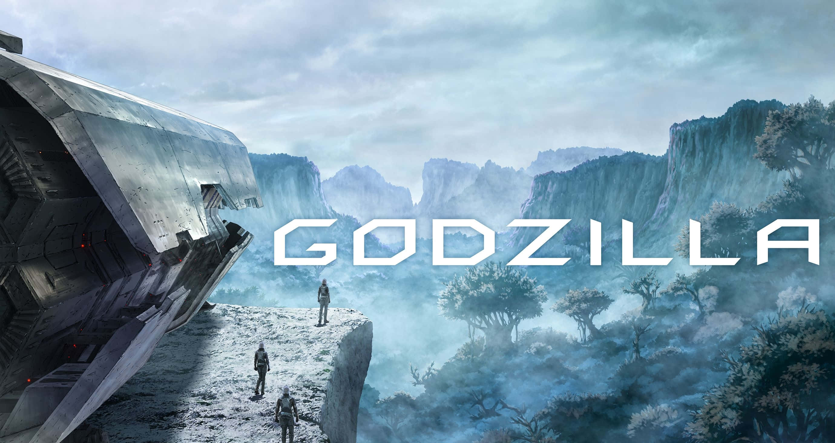 Cool Godzilla, forest, massive crashed spaceship, 2K Desktop Wallpaper