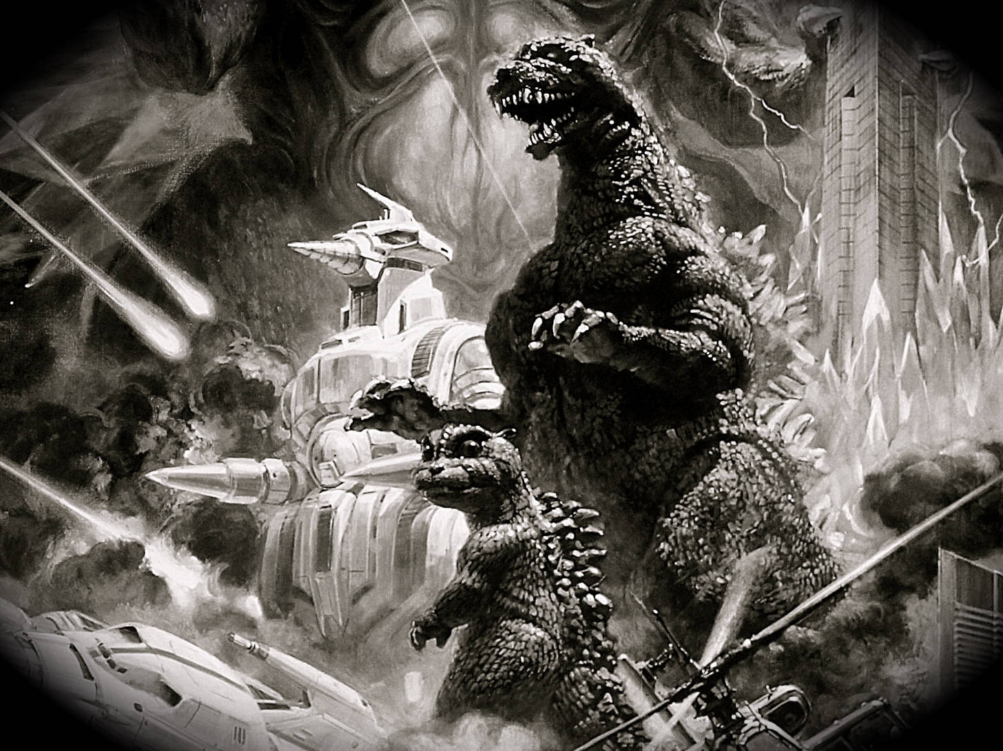 Godzilla, kaiju, monochrome illustration, HD Desktop Wallpaper
