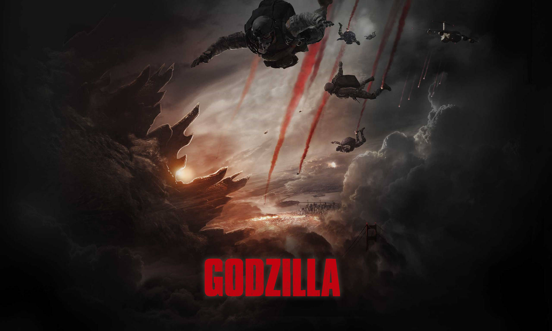 Godzilla 4K, storm clouds, soldiers, Full HD Desktop Wallpaper