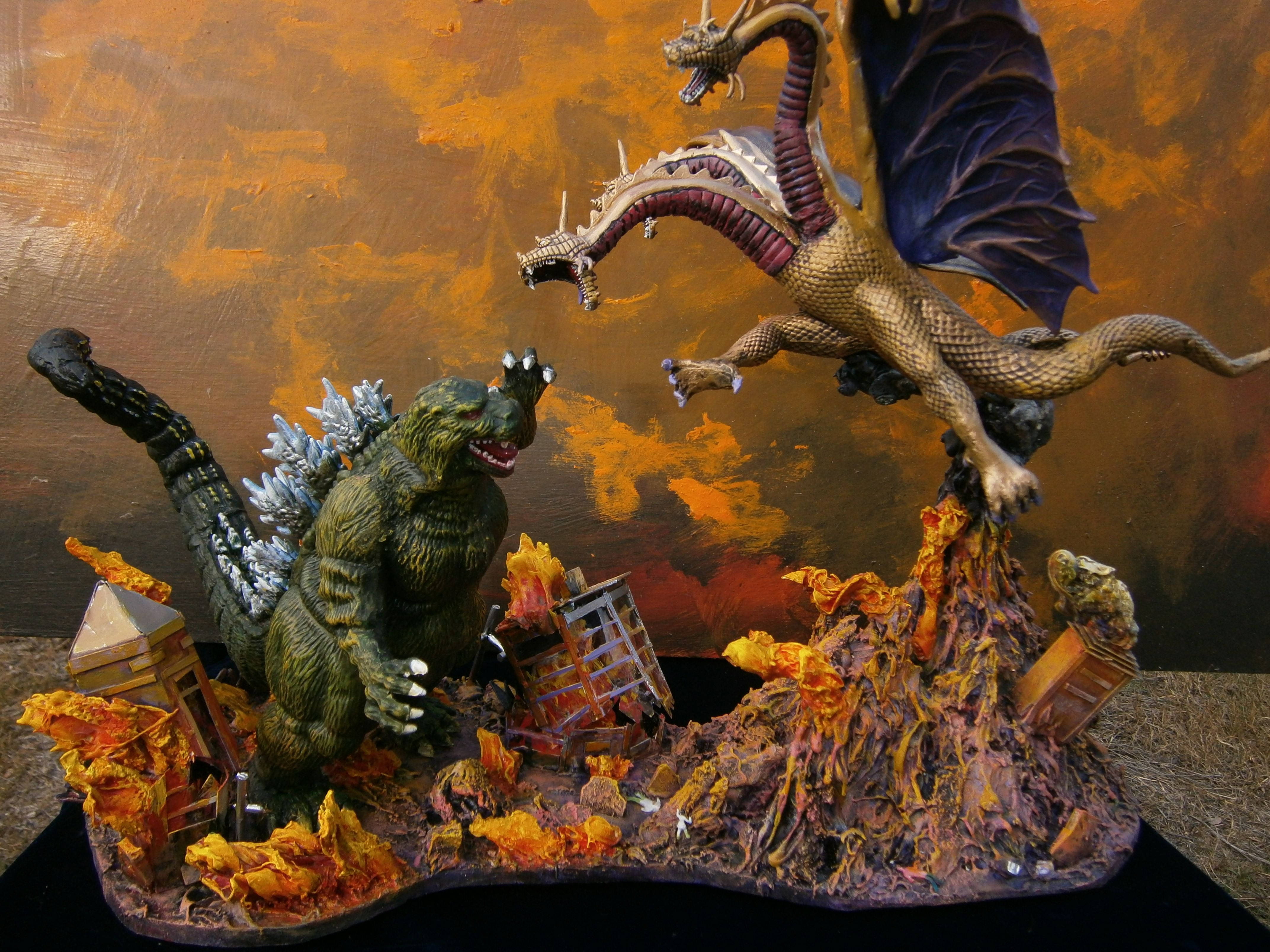 Godzilla 4K, golden dragon, fiery wreckage, 4K Desktop Wallpaper