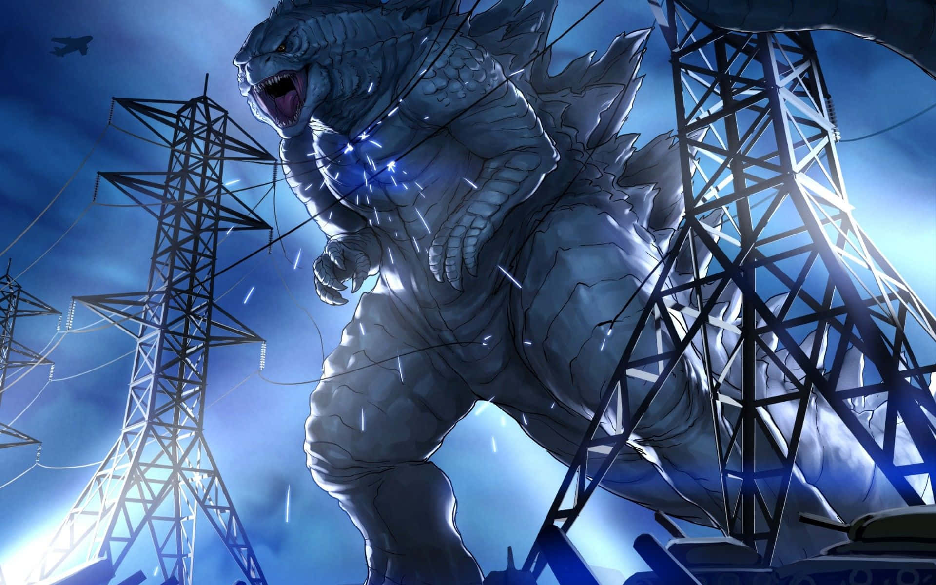 Godzilla, cityscape, stormy blue sky, Full HD Desktop Wallpaper