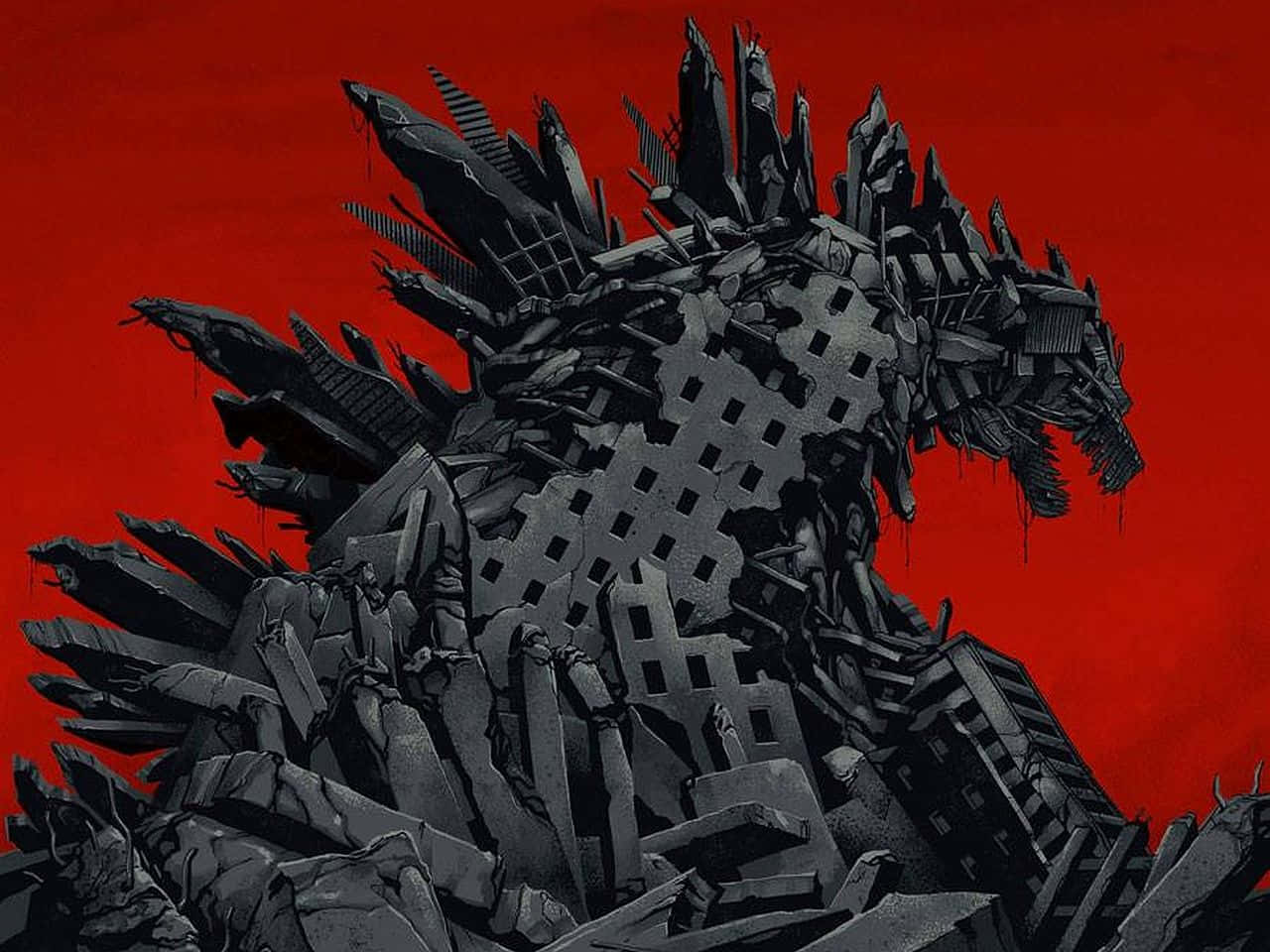 Godzilla, shattered skyscrapers, vivid red sky, HD Desktop Wallpaper