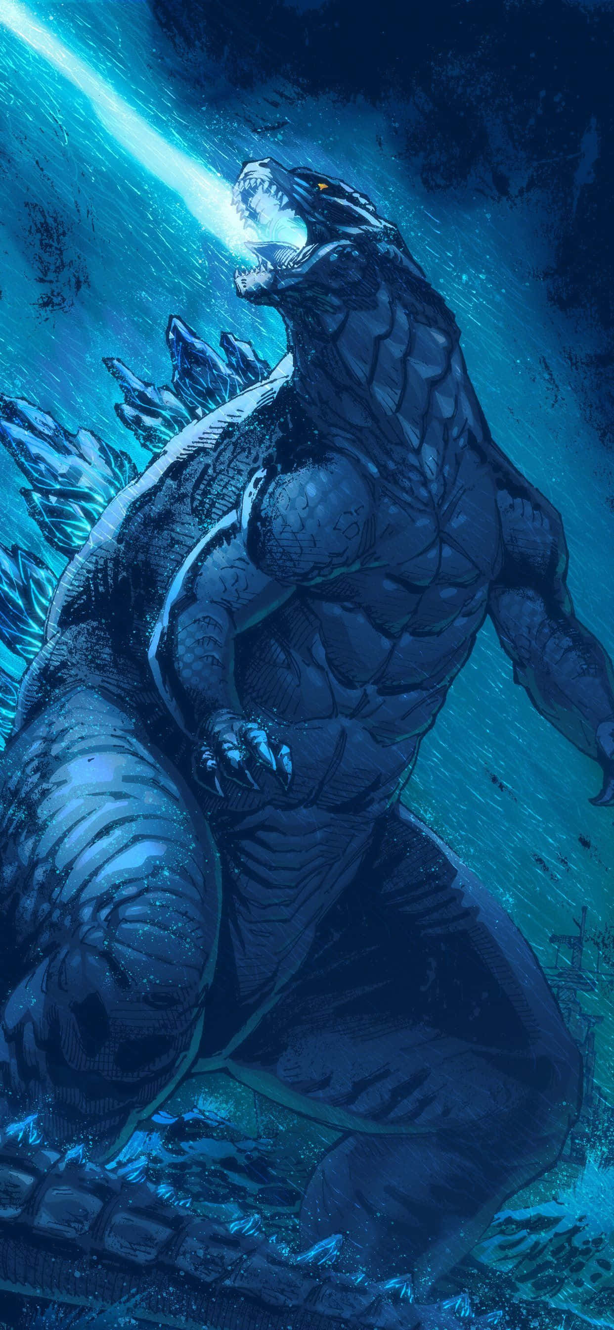 Godzilla, colossal, deep blue ocean waters, 2K Phone Wallpaper