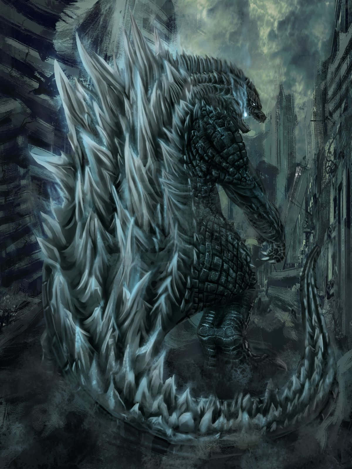 Godzilla, jagged ice-covered spines, ruined cityscape, HD Phone Wallpaper