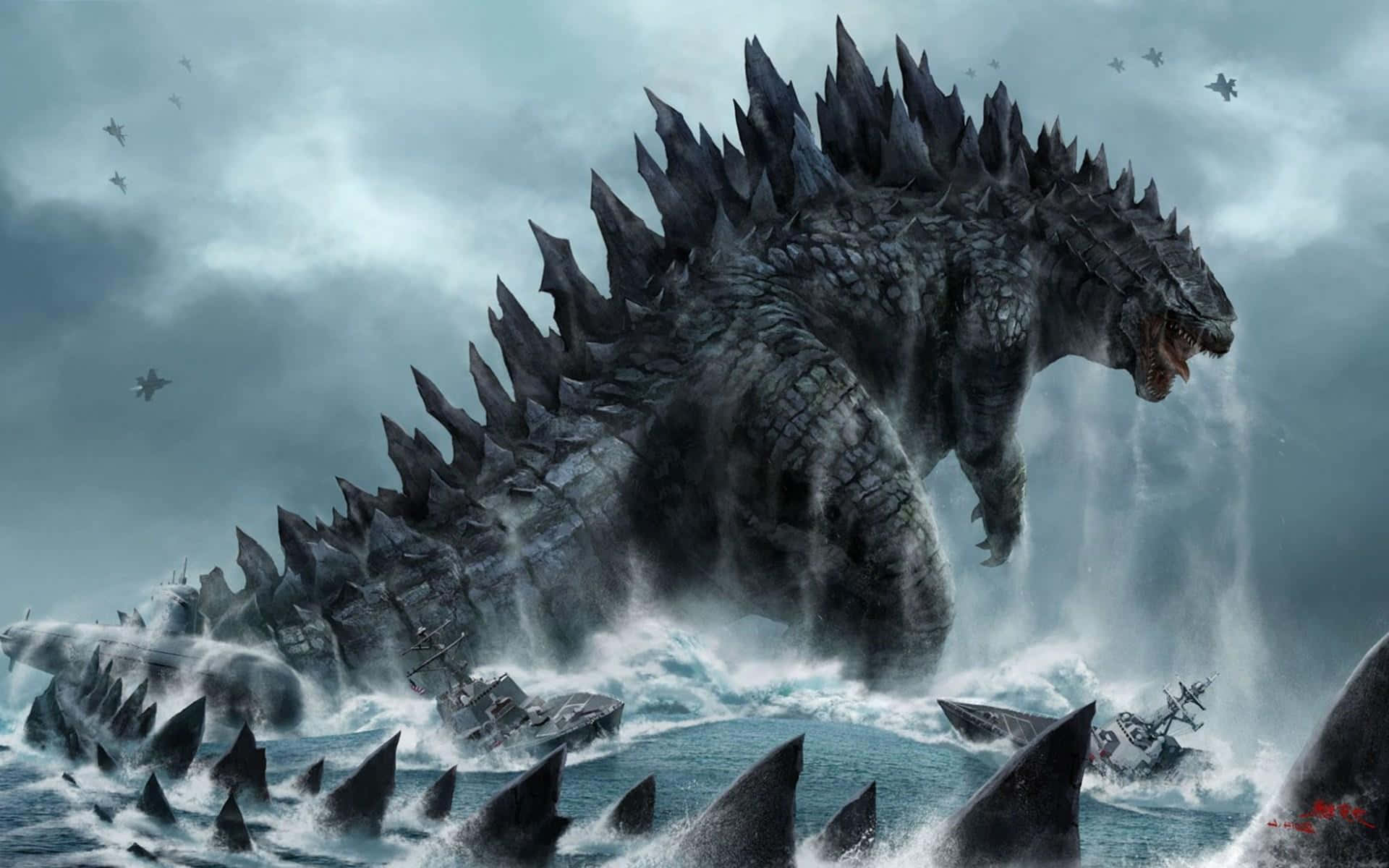 Godzilla, stormy seas, warships, Full HD Desktop Wallpaper