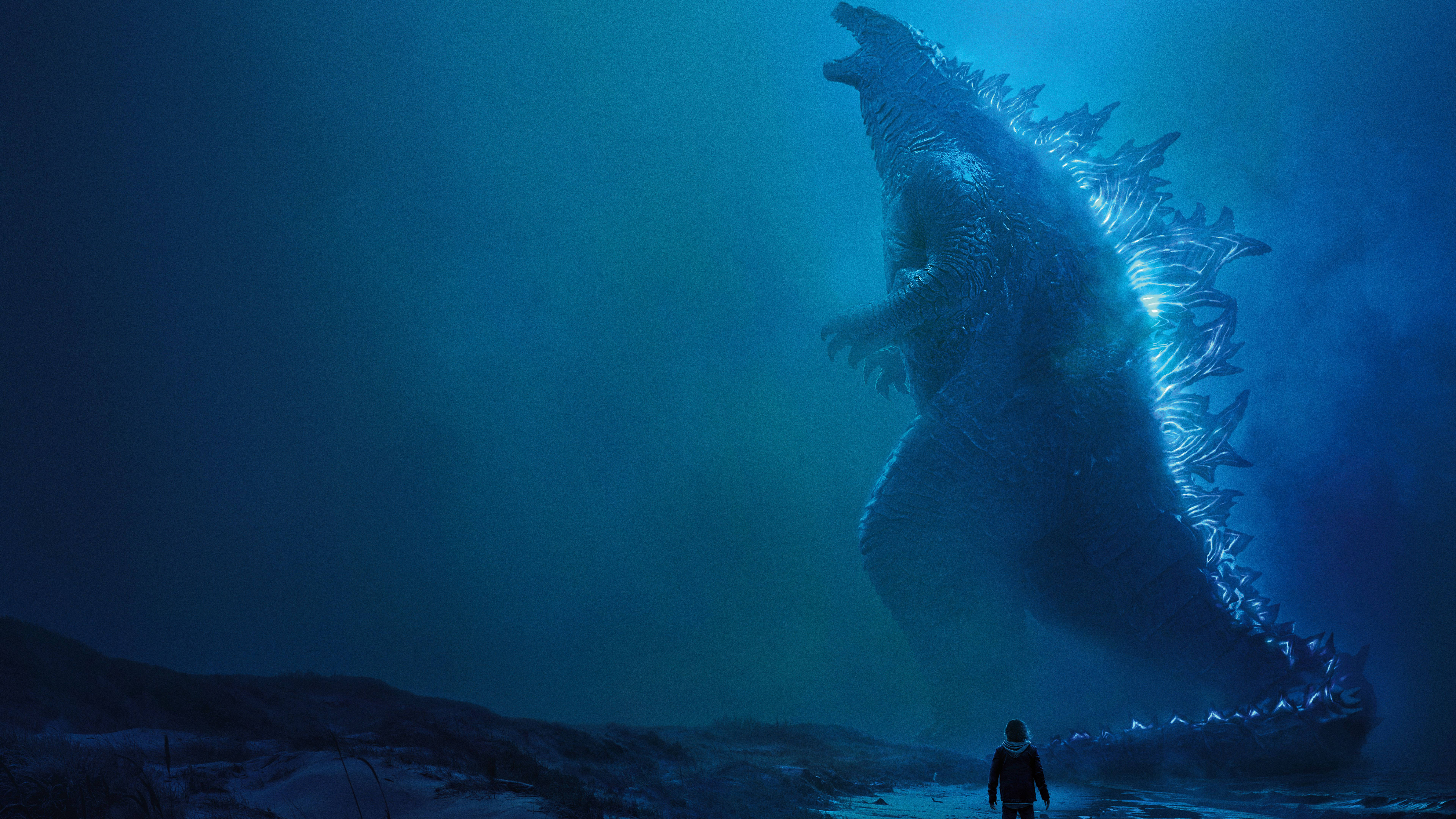 Godzilla, glowing dorsal spine, deep blue ocean waters, 8K Desktop Wallpaper