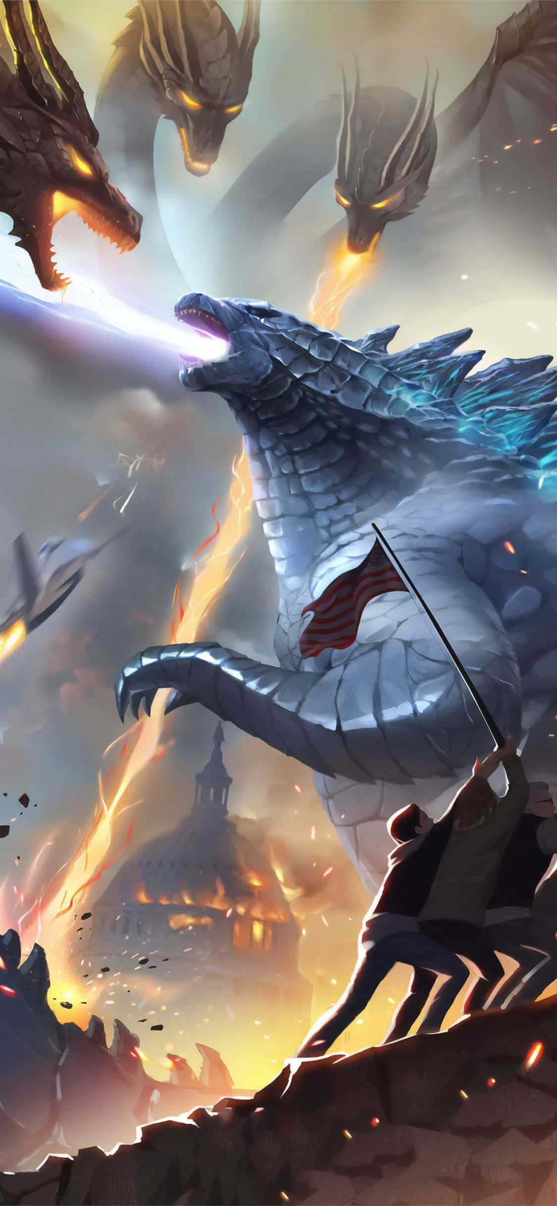 Godzilla, silver, blue fire, Full HD Phone Wallpaper