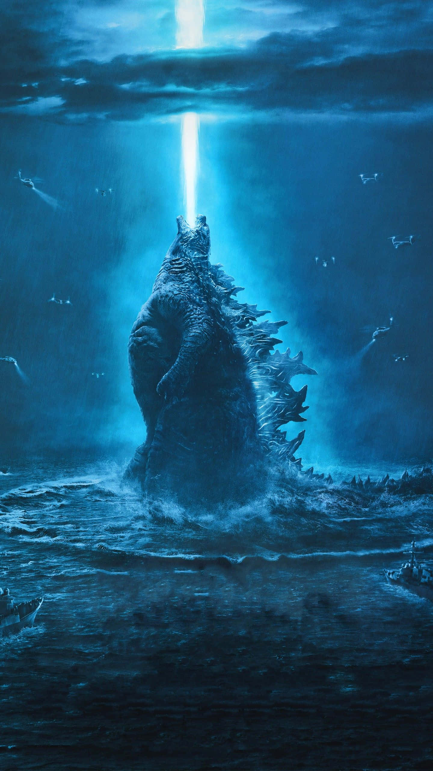 Godzilla, Atomic Breath, deep blue ocean waters, 2K Phone Wallpaper