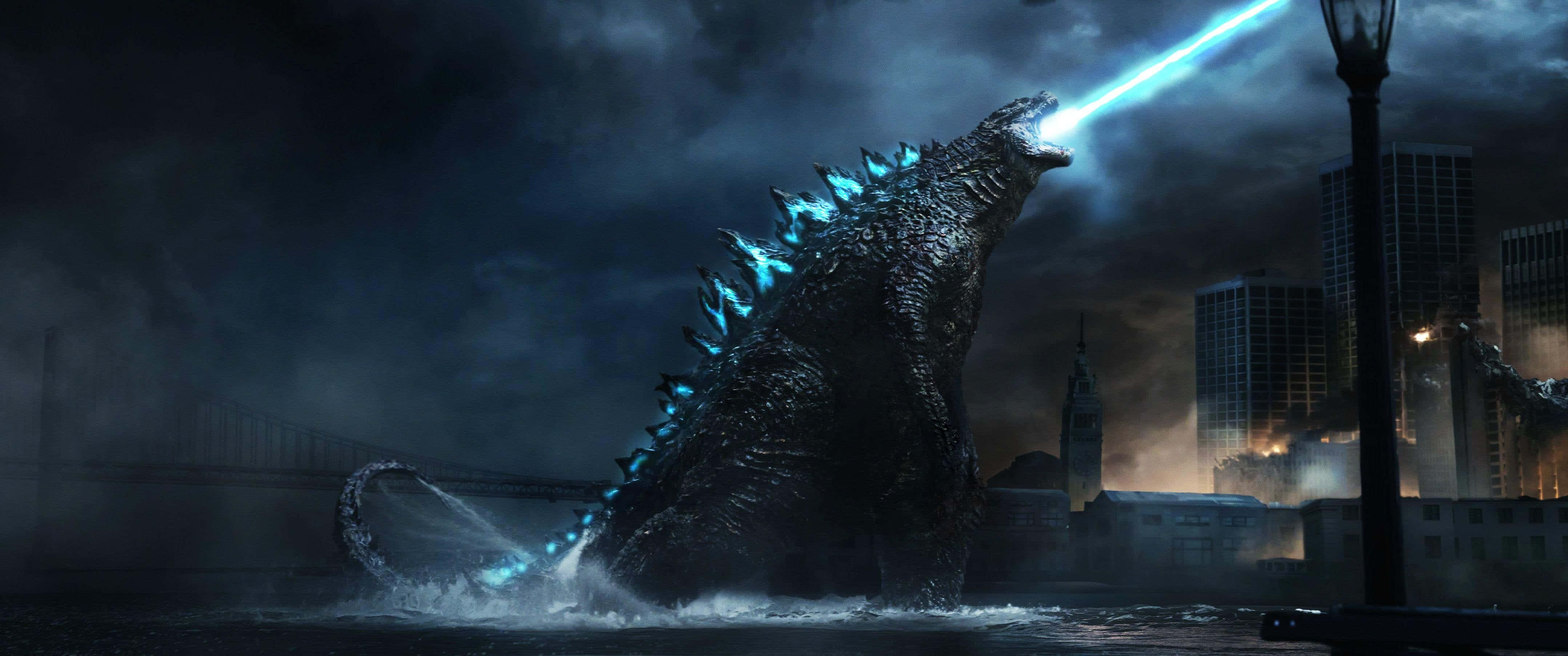Godzilla, atomic breath, glowing blue, 4K Desktop Wallpaper