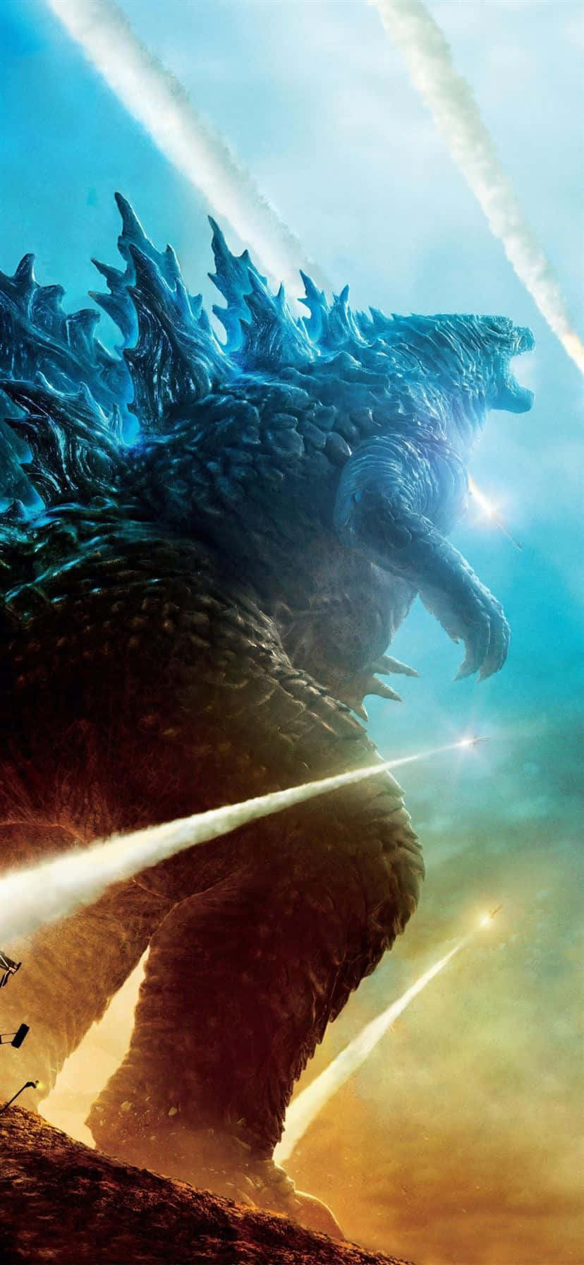Godzilla, spiked back, blue and orange sky, HD Phone Wallpaper