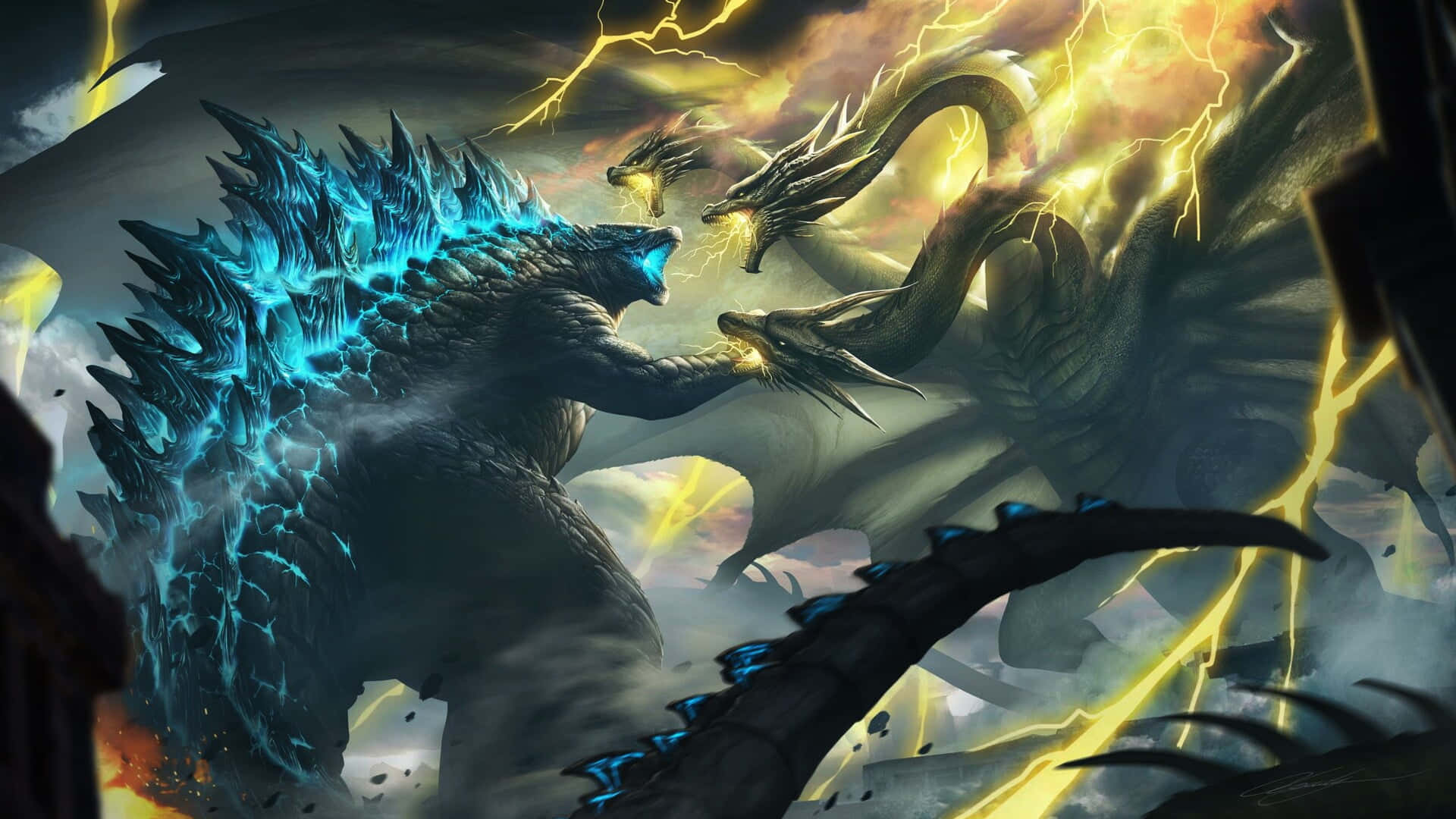 Godzilla, city destruction, glowing blue spine, Full HD Desktop Wallpaper