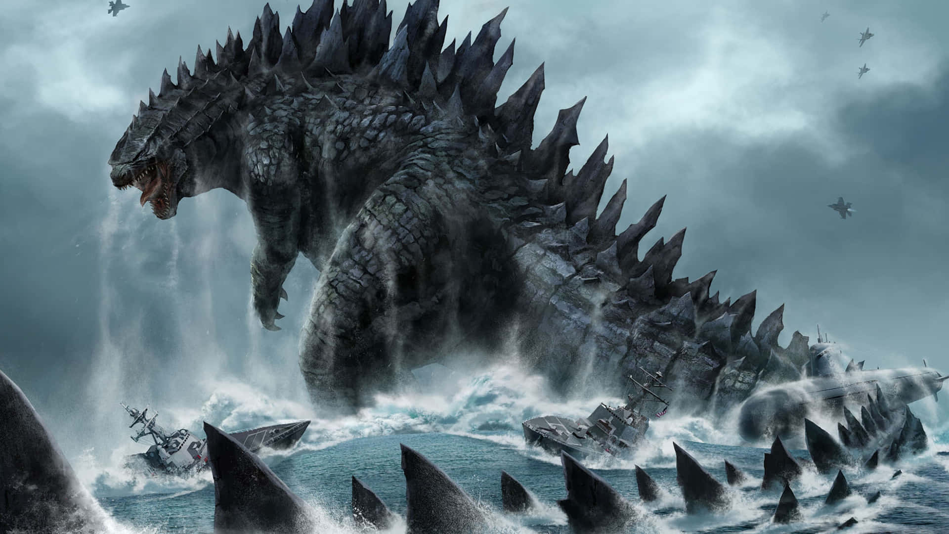 Godzilla, city destruction, stormy seas, Full HD Desktop Wallpaper