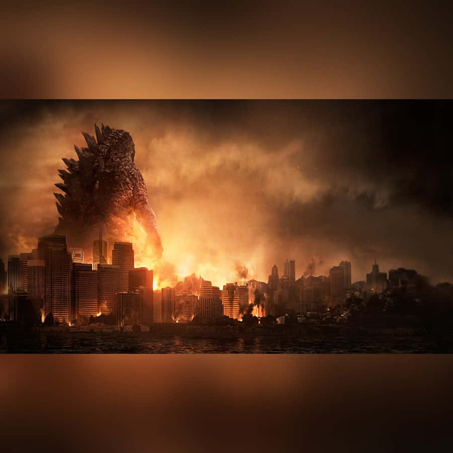 Godzilla, city skyline, flames, SD Desktop Wallpaper