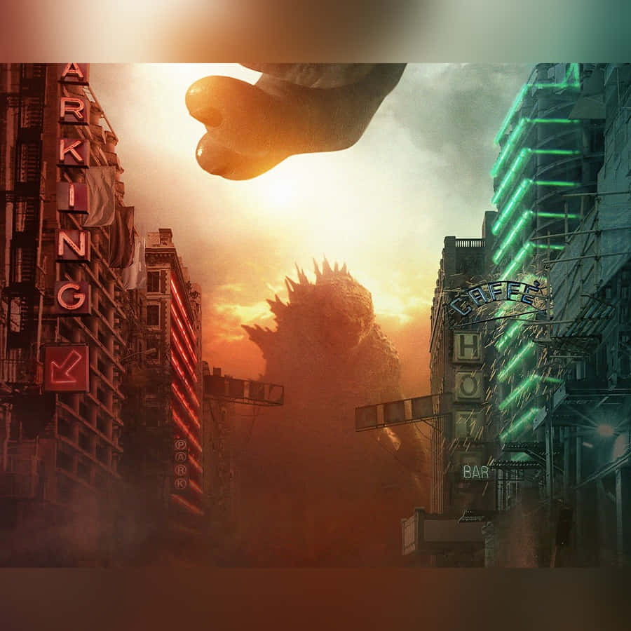 Godzilla, cityscape, neon-lit, SD Desktop Wallpaper