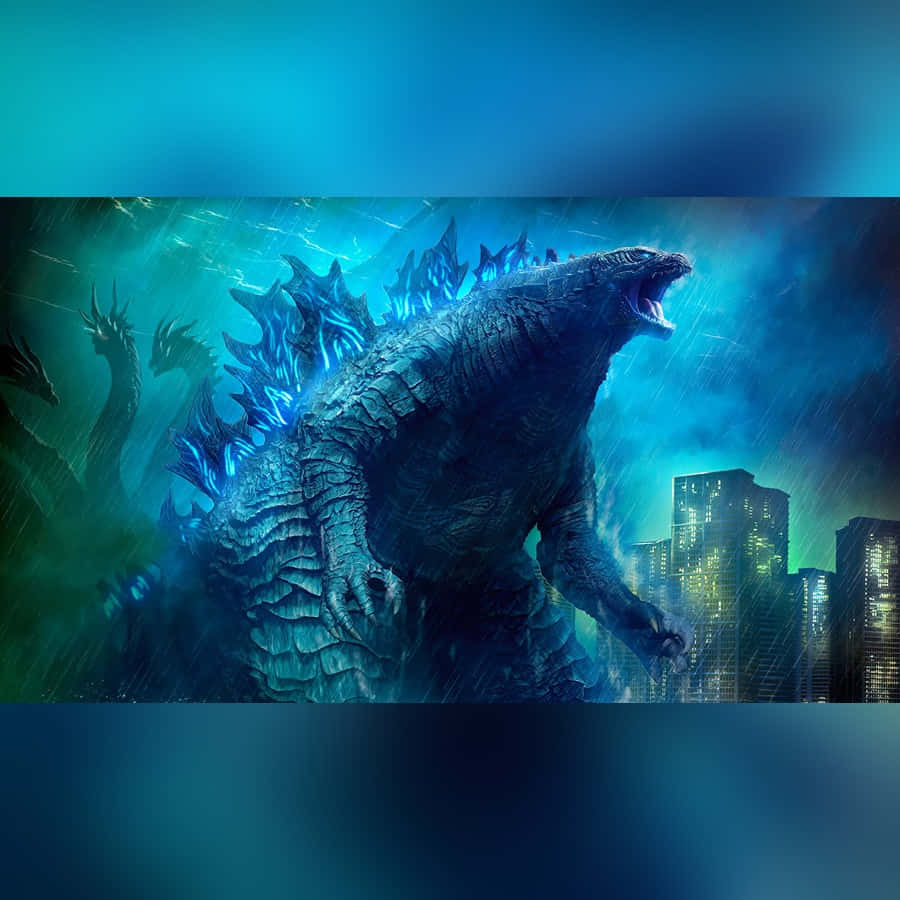 Godzilla, rain-soaked cityscape, glowing blue dorsal fins, SD Desktop Wallpaper
