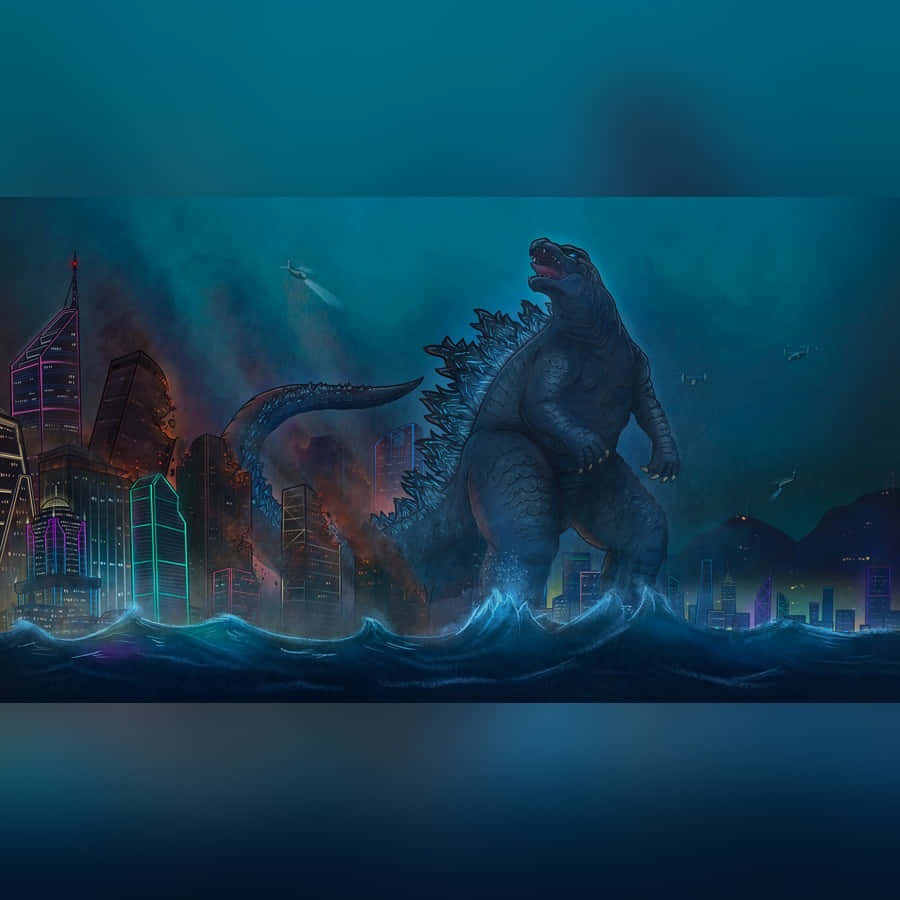 Godzilla, neon-lit ocean waves, futuristic cityscape, SD Desktop Wallpaper