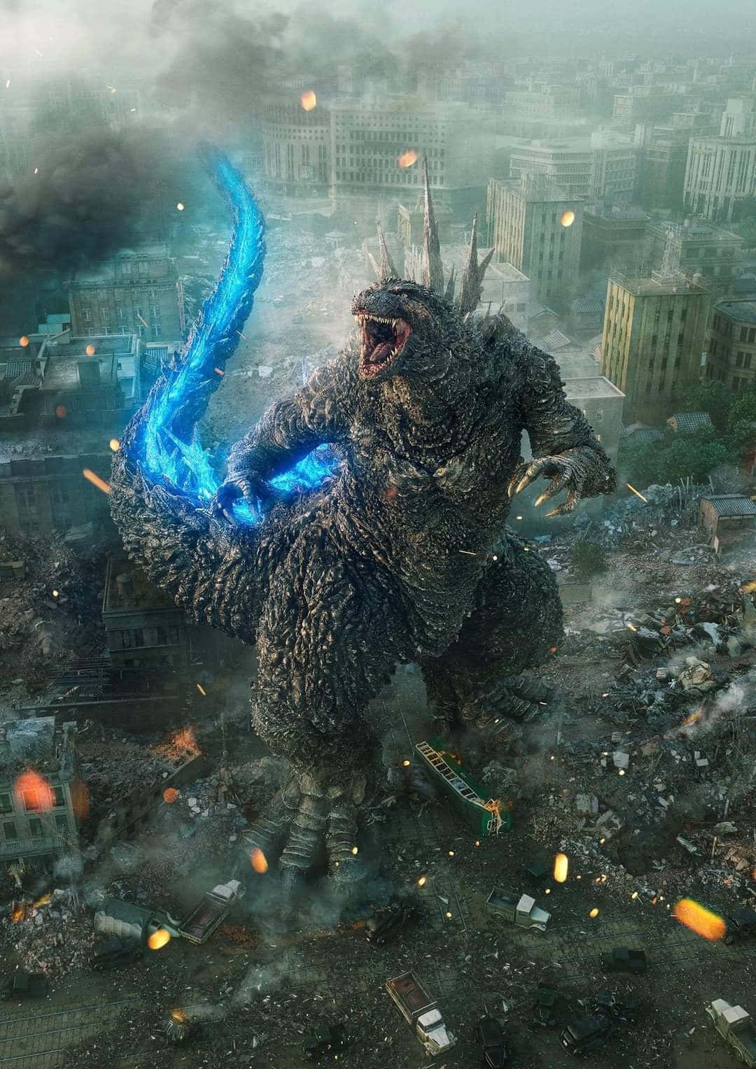 Godzilla, ruined cityscape, glowing blue energy, HD Phone Wallpaper