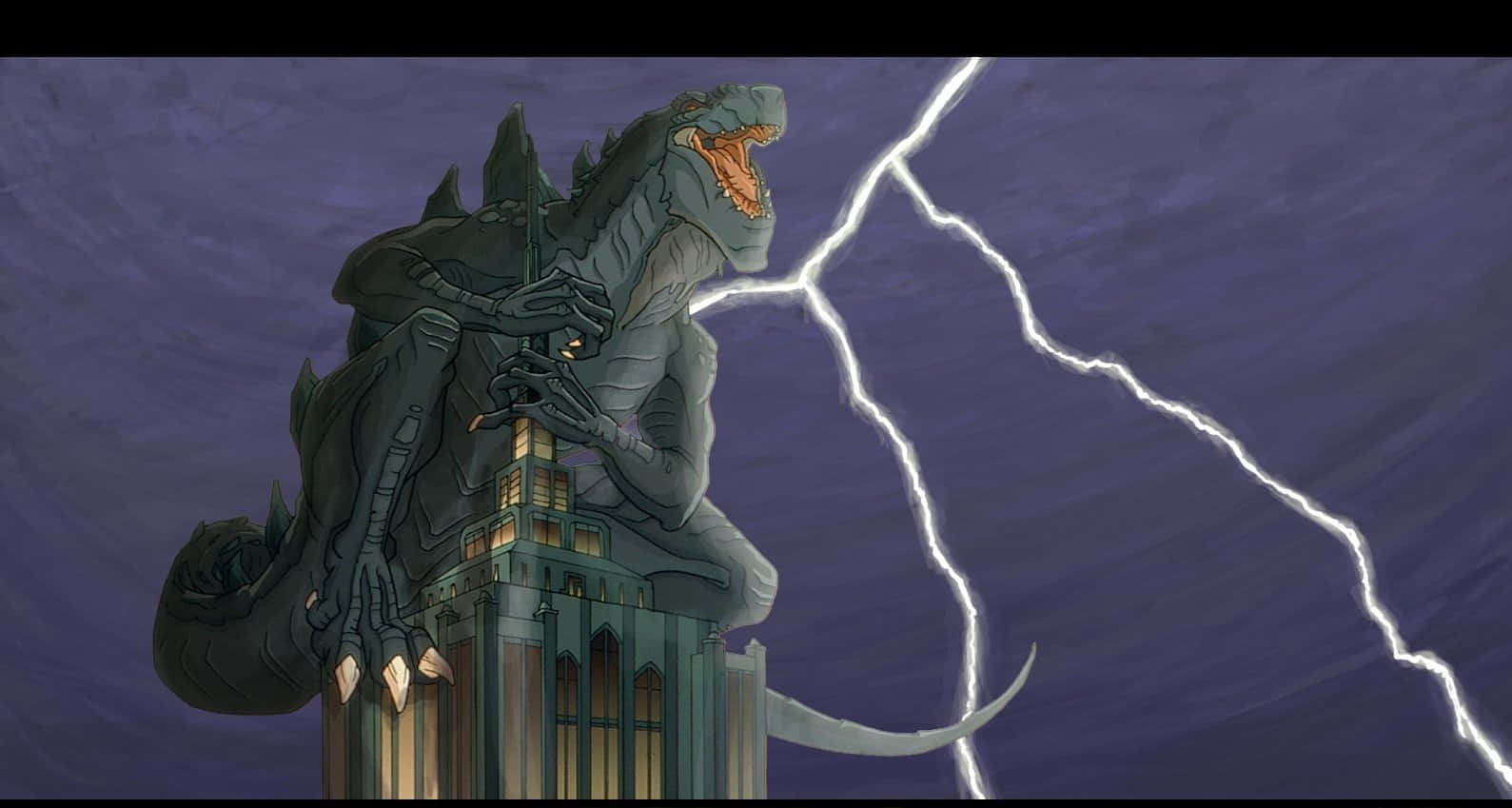 Godzilla 1998, skyscraper, stormy purple sky, HD Desktop Wallpaper
