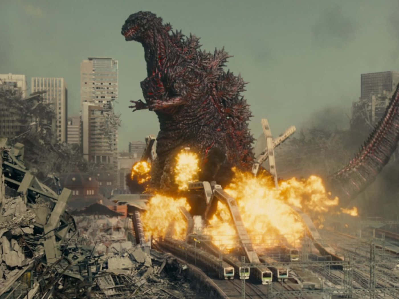 Godzilla, spiky red skin, burning cityscape, HD Desktop Wallpaper