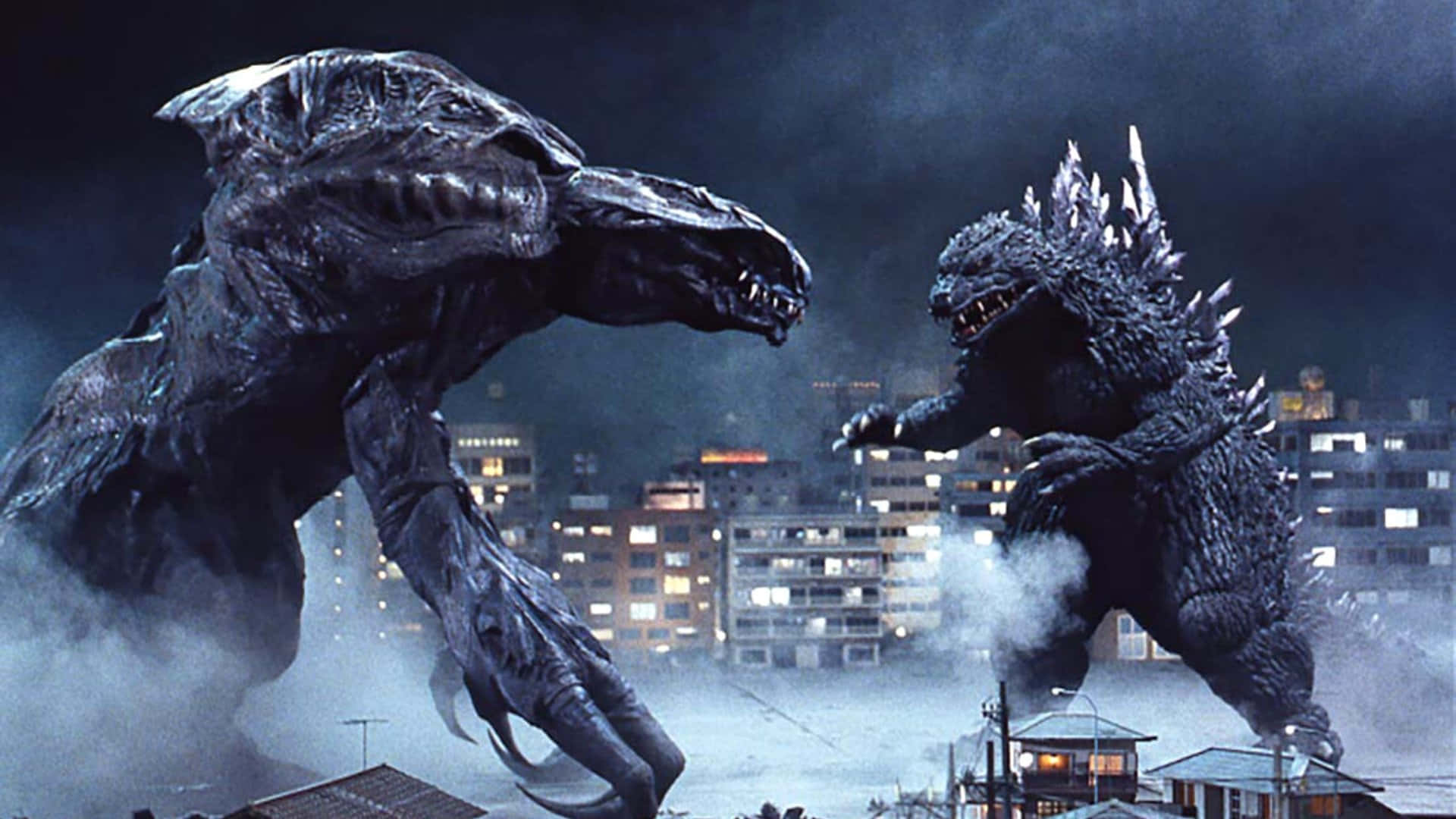 Godzilla 2000, colossal monsters, smoky urban night, Full HD Desktop Wallpaper