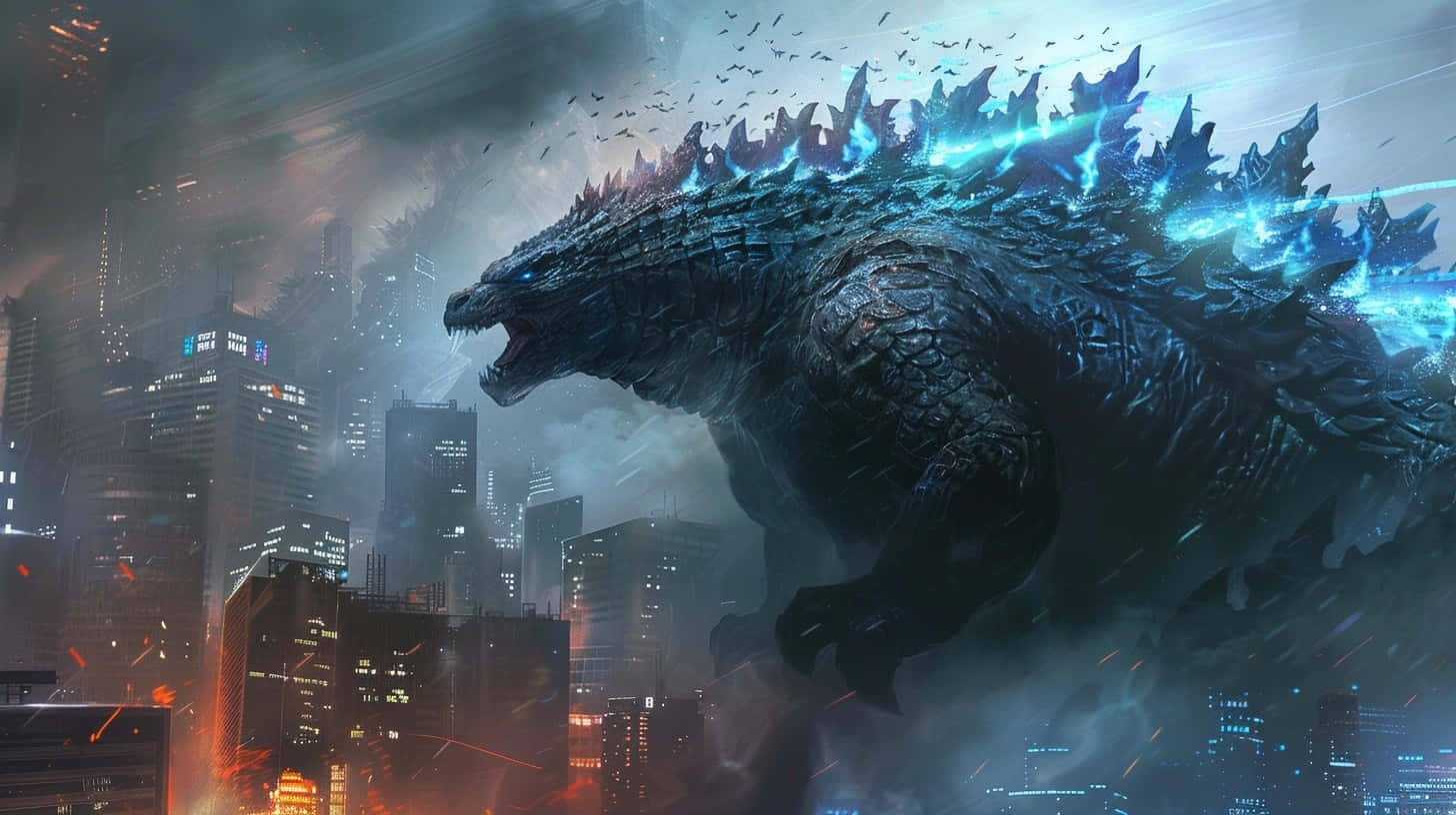 Godzilla, glowing blue dorsal fins, rain-slicked cityscape, HD Desktop Wallpaper