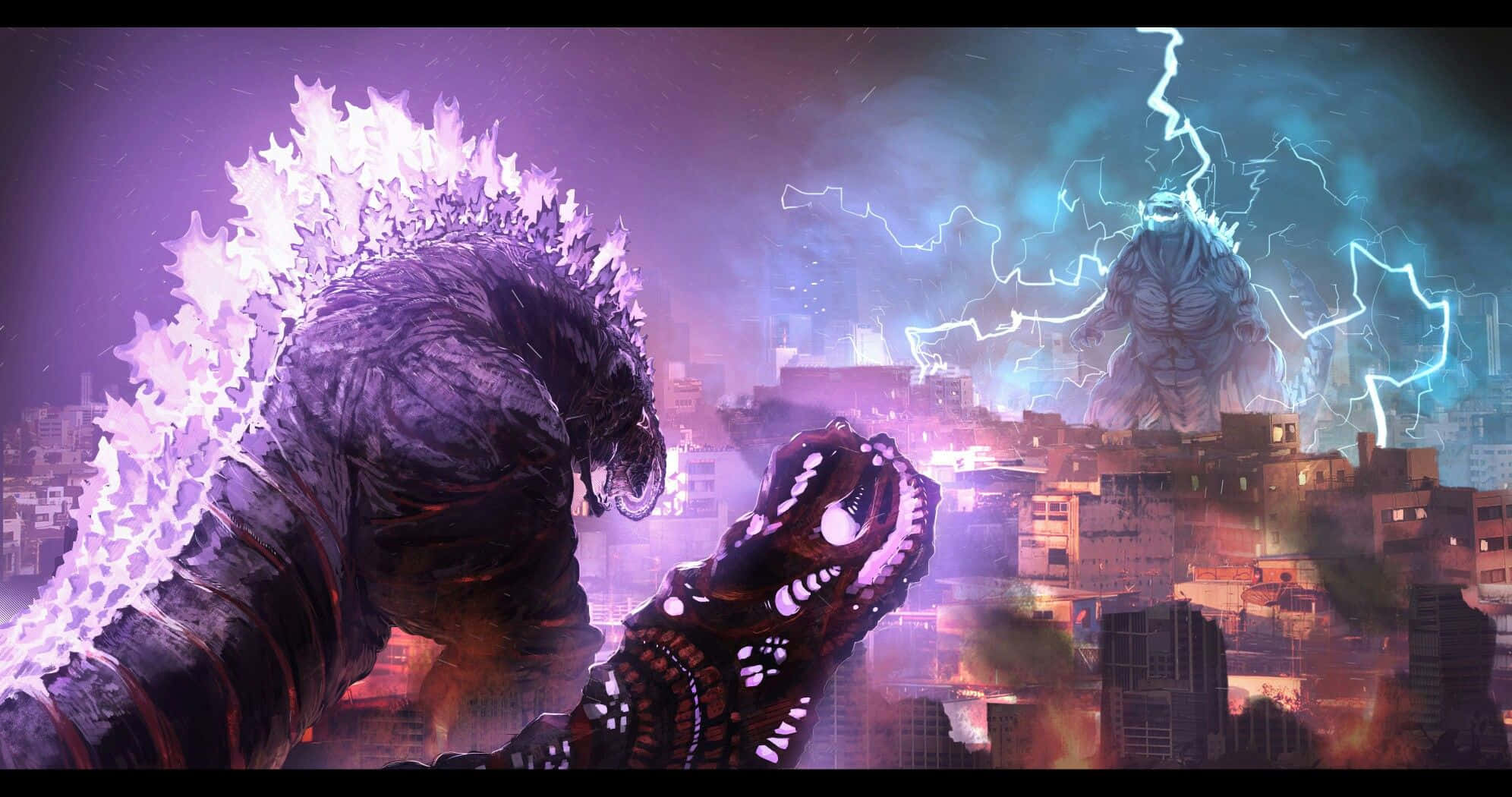 Godzilla Earth 1992, kaiju monsters, burning cityscape, Full HD Desktop Wallpaper